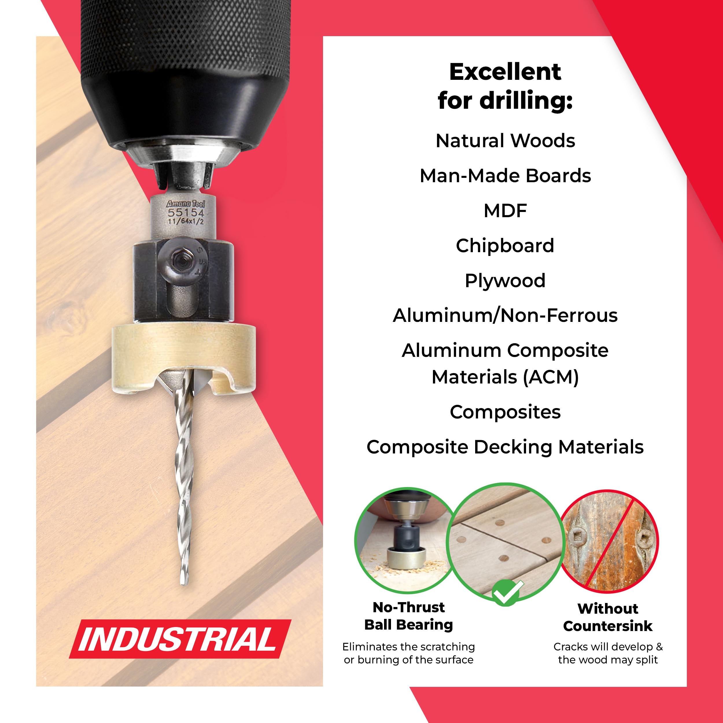 Amana Tool 55154 Carbide Tipped 82 Degree Countersink with Tapered Drill and Adjustable Depth Stop with No-Thrust BB, 1/2 D x 11/64 Drill D x 1/4 Inch Quick Release Hex SHK