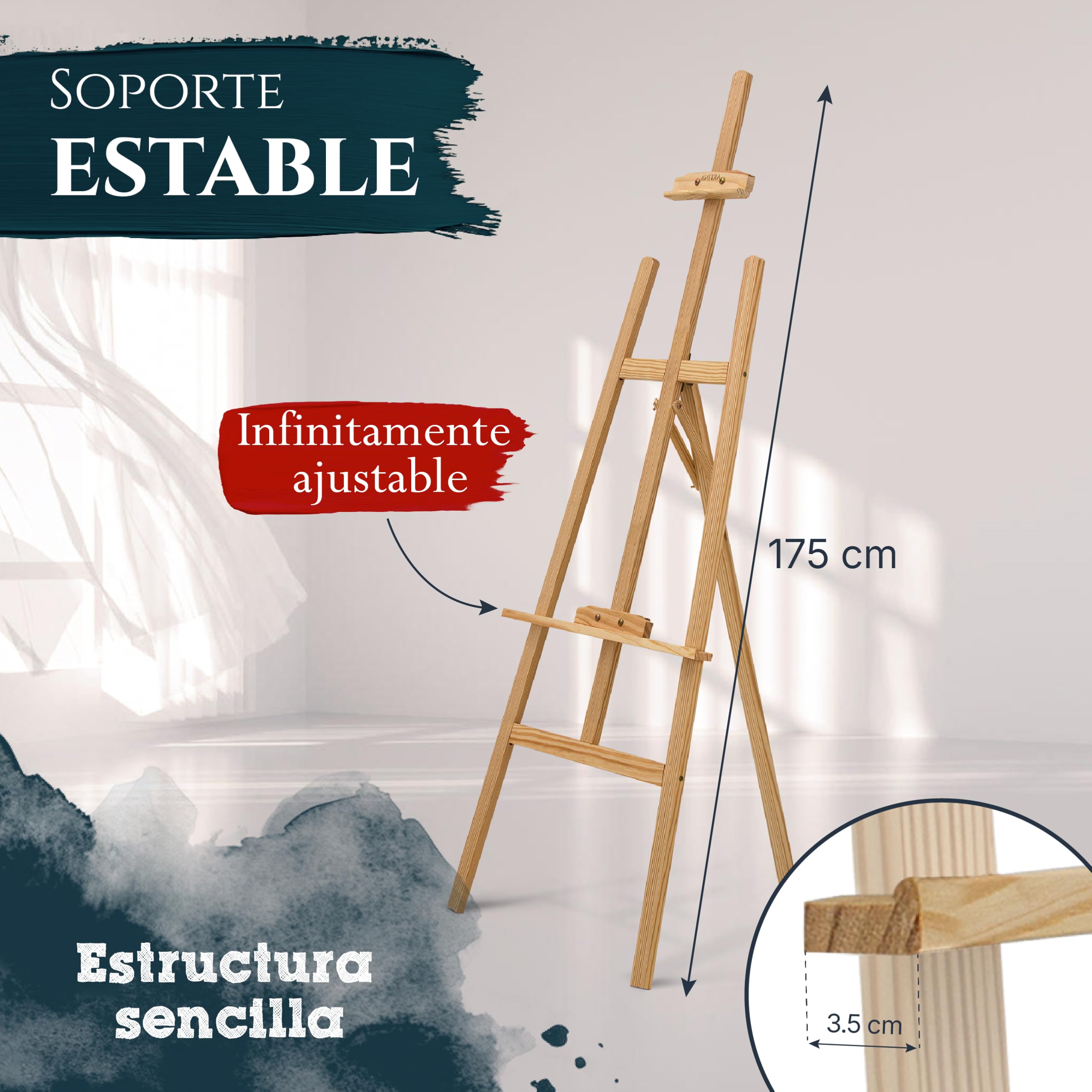 Artina – Kit de pintura 24 piezas con caballete de madera regulable 175cm FSC® + 5 lienzos set Corsica – Set de acrílicos, pinceles y accesorios para iniciación y artistas aficionados