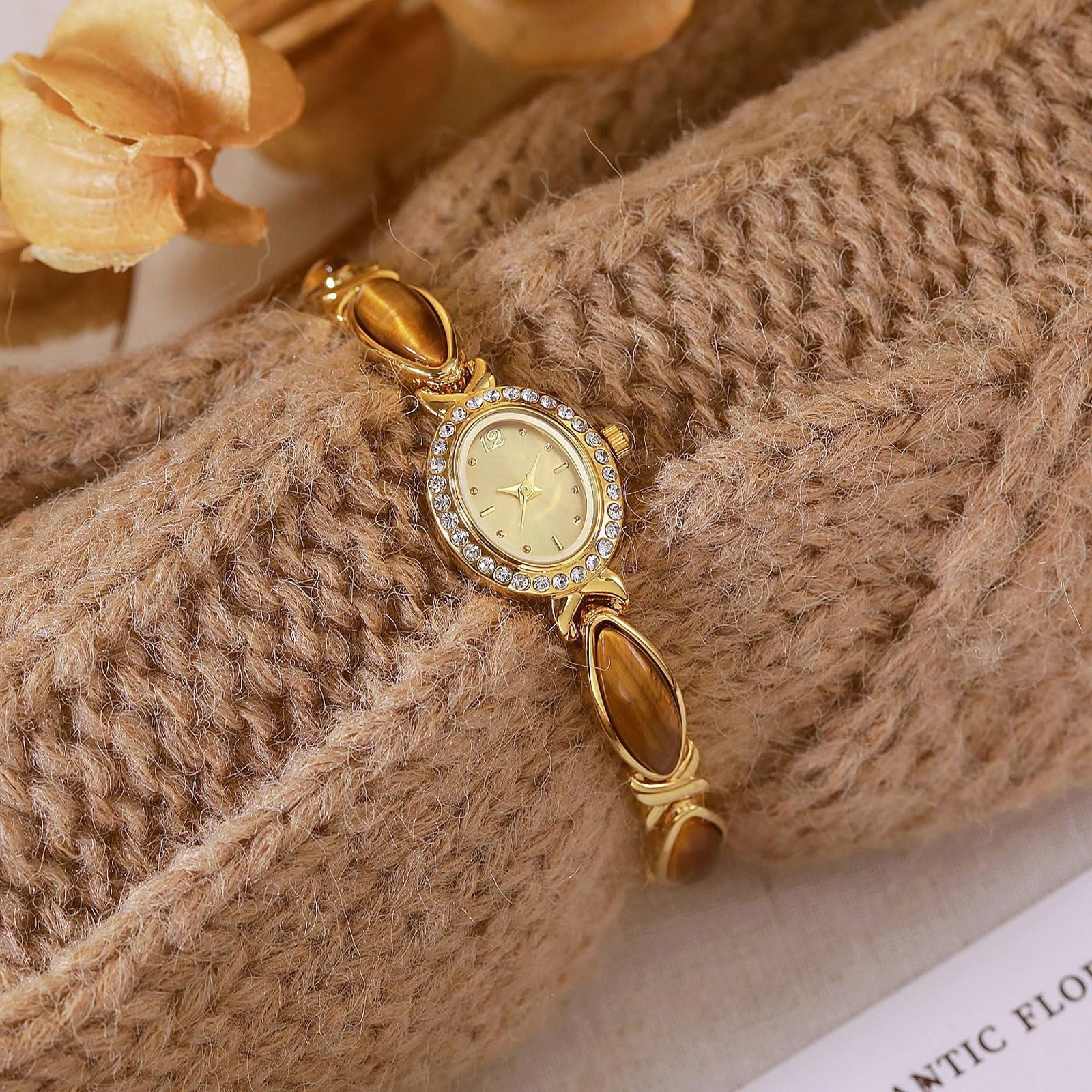 Reloj de Cuarzo con Esfera Ovalada y Piedra de Ojo de Tigre Natural, Paquete de 2, Reloj de Pulsera Resistente al Agua, Regalo de Moda for Novia y Esposa. Reloj de Pulsera