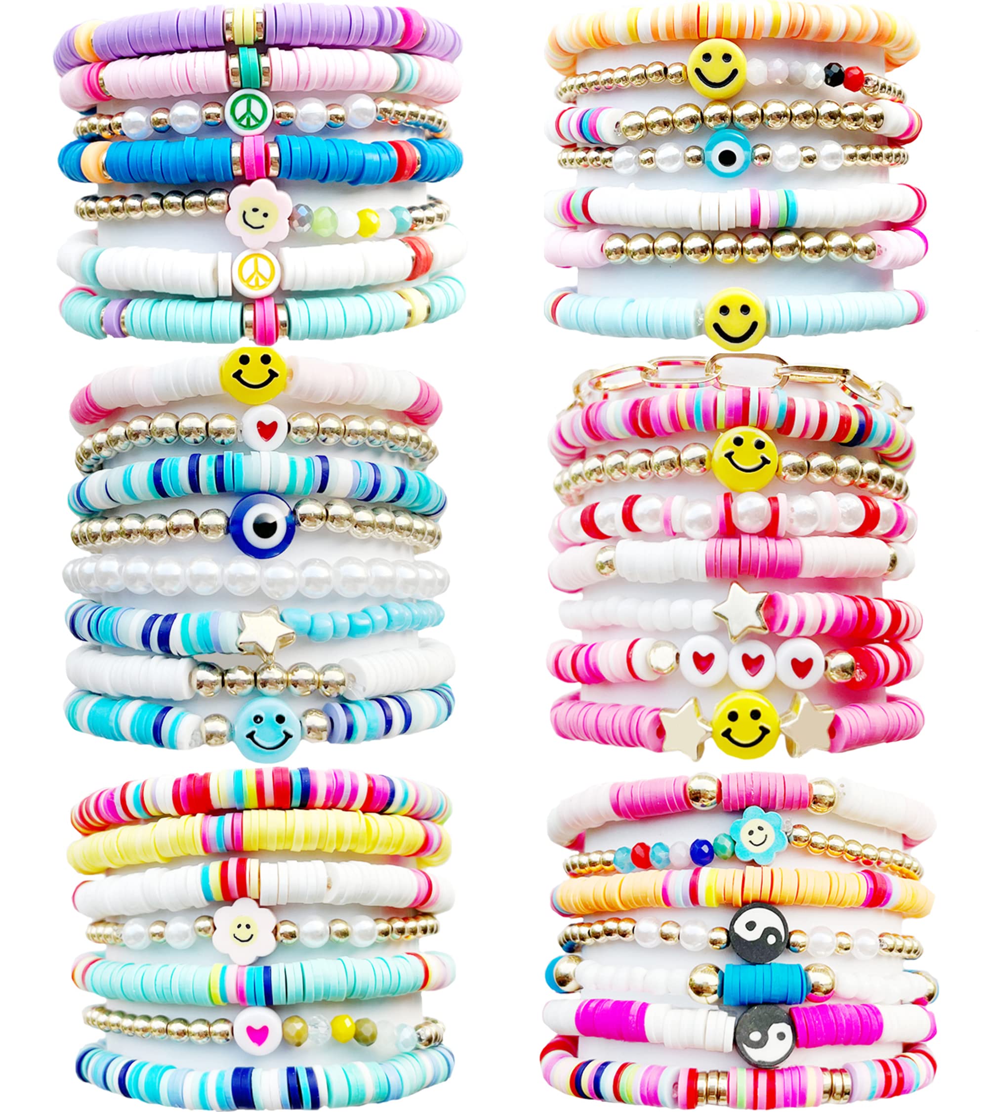 SROBENZ44 Pcs Preppy Bracelets Set Colorful Heart Star Evil Eye Beaded Polymer Clay Pearl Stackable Charm Y2K Kidcore Summer Beach Bohemian Layering Bracelets for Women Girls Teens