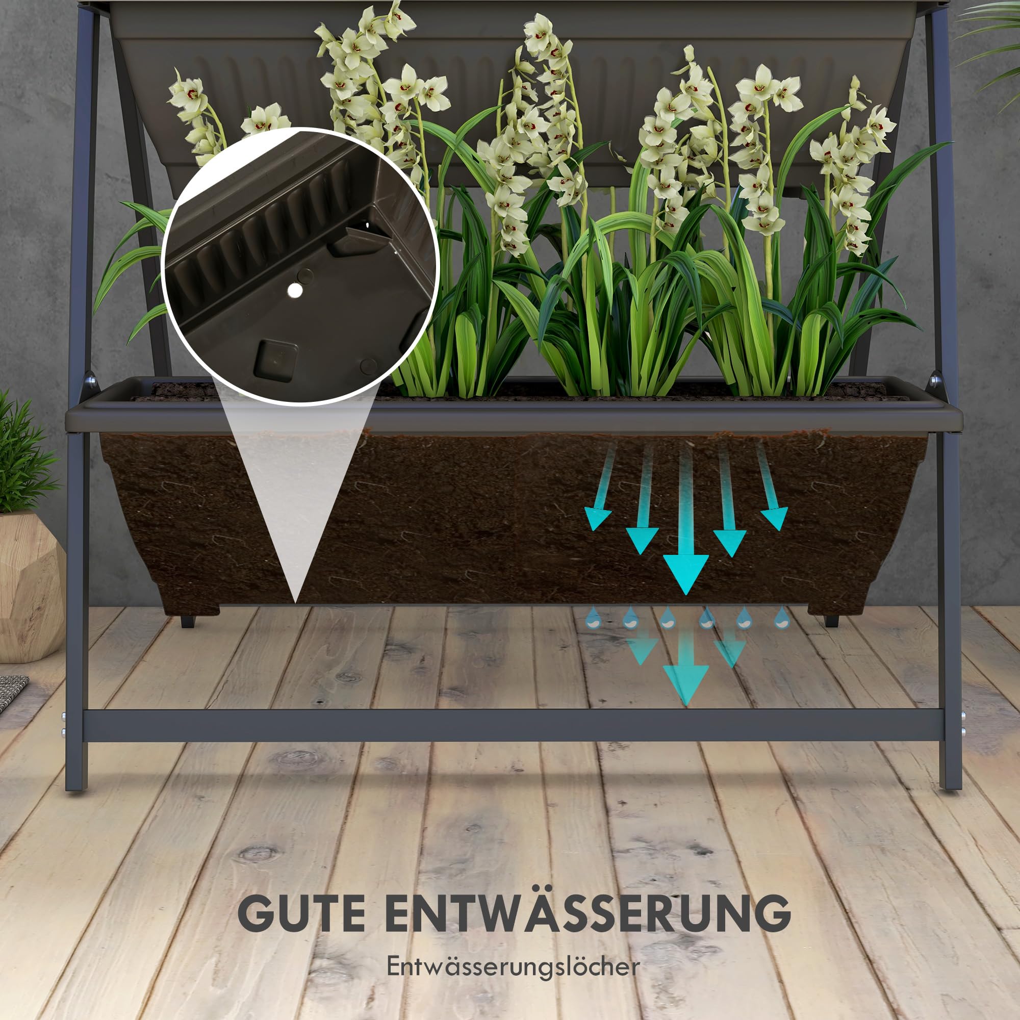 Outsunny Pflanzenständer Pflanzentreppe 4 Etagen Braun 76 x 79 x 162 cm | Pflanzenregal mit Löchern, Blumenregal für Garten, Stahl
