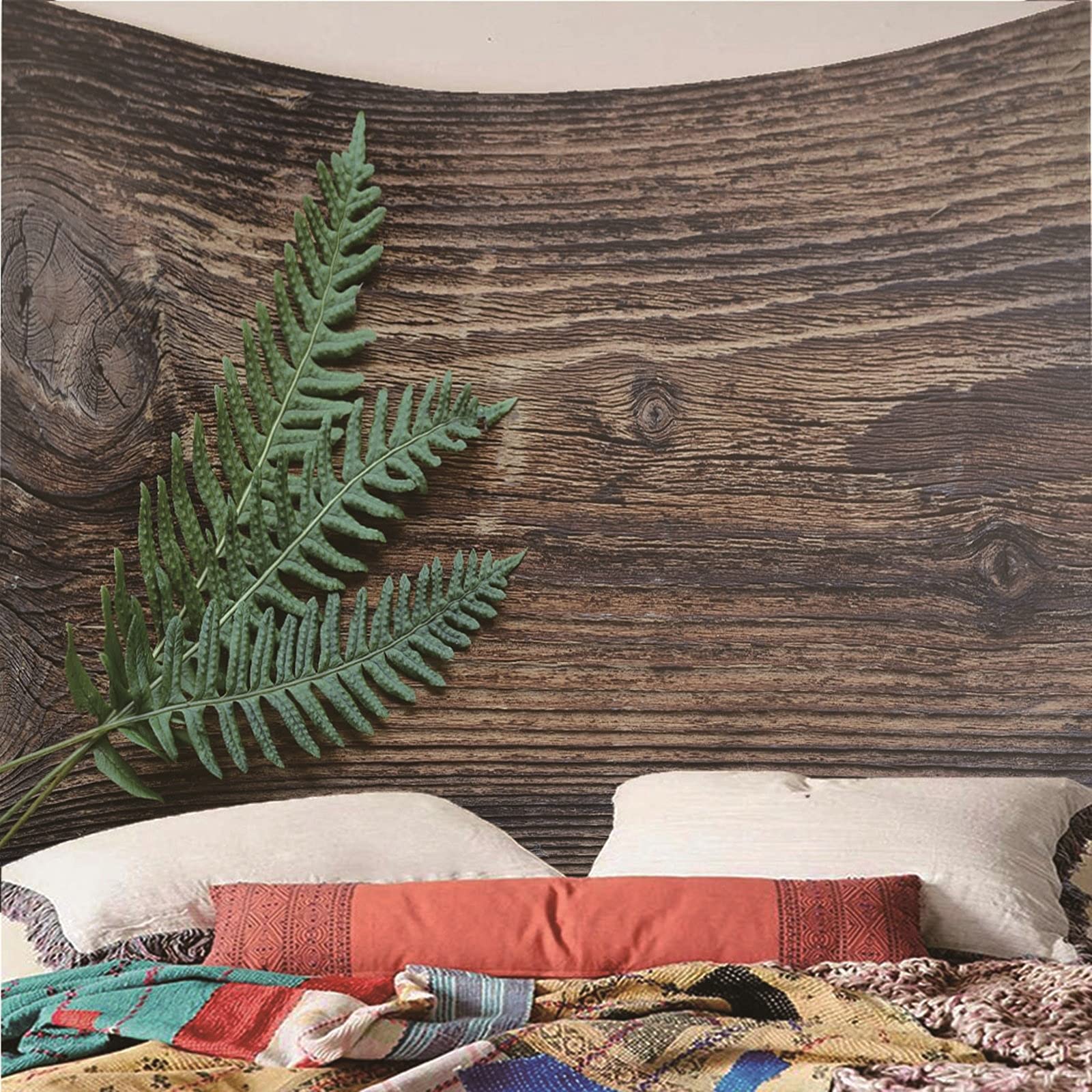 Aeici Tela Pared Playa, Wall Hanging Tapiz Hoja Verde sobre Tablero de Madera- Verde marrón, 200x200CM