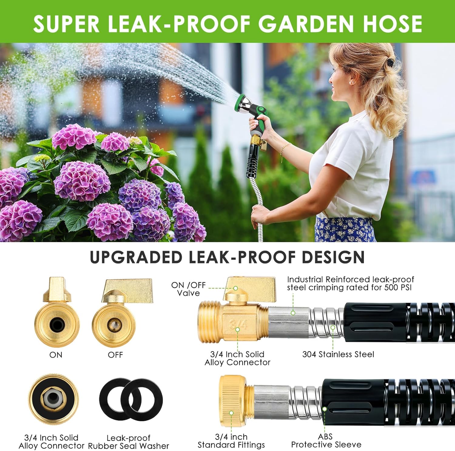 Stainless Steel Garden Hose 25 ft - 304 Stainless Steel Kink-Free Metal Water Hose with Shut-Off Valve & Hose Straps, Heavy Duty, Rust/Puncture Proof for Yard, Lawn and Car Washing, 25 Feet