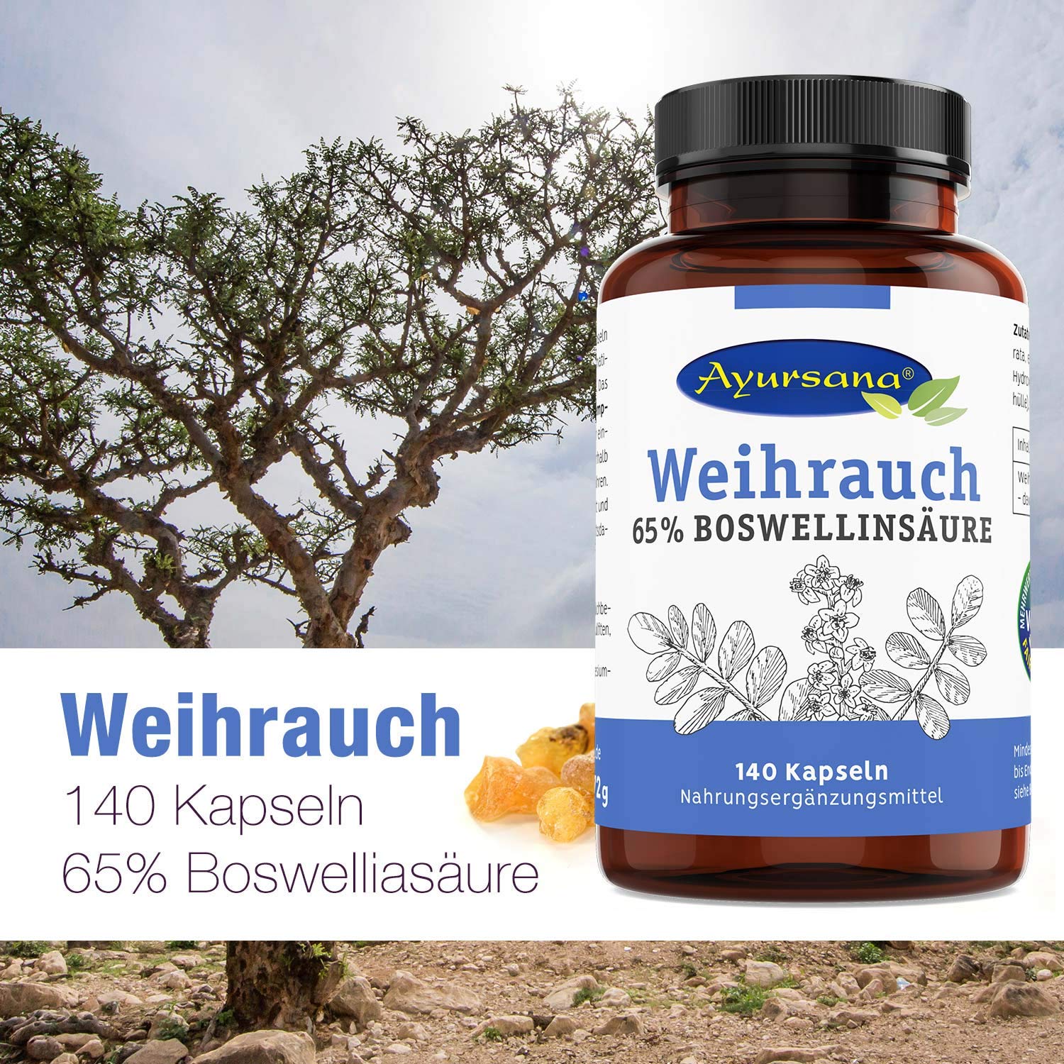 Ayursana Weihrauchkapseln hochdosiert - 420 vegane Kapseln - 800 mg Boswellia Serrata Kapseln (Tagesdosis) - 65% Boswelliasäuren - Für Gelenkschmerzen