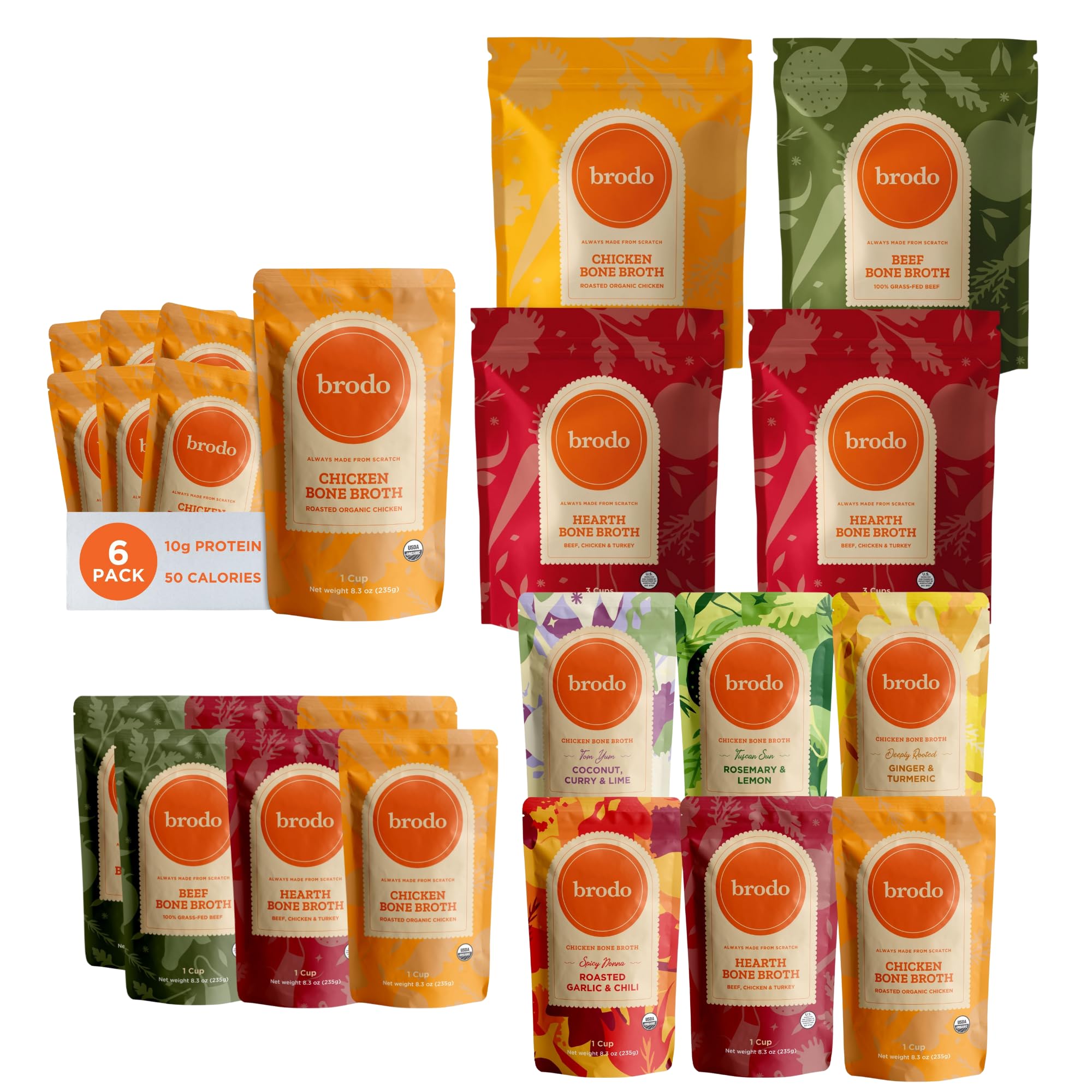 Brodo Bone Broth Bundle with Variety & Classic Packs, Chicken & Ginger, and Spicy Chicken Broths, 18 x 8.3 oz and 4 x 25 oz (30 Cups Total)