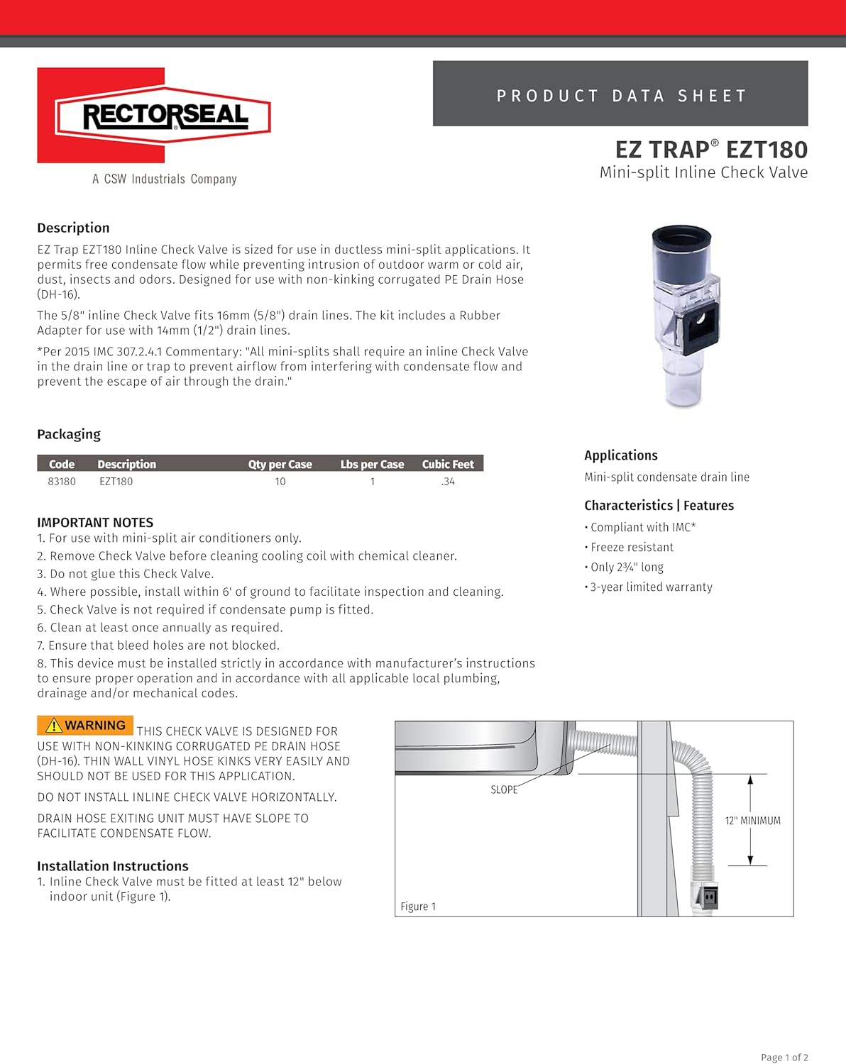RectorSeal EZ Trap 83180 Check Valve, Easy Installation, HVAC, 2/3"