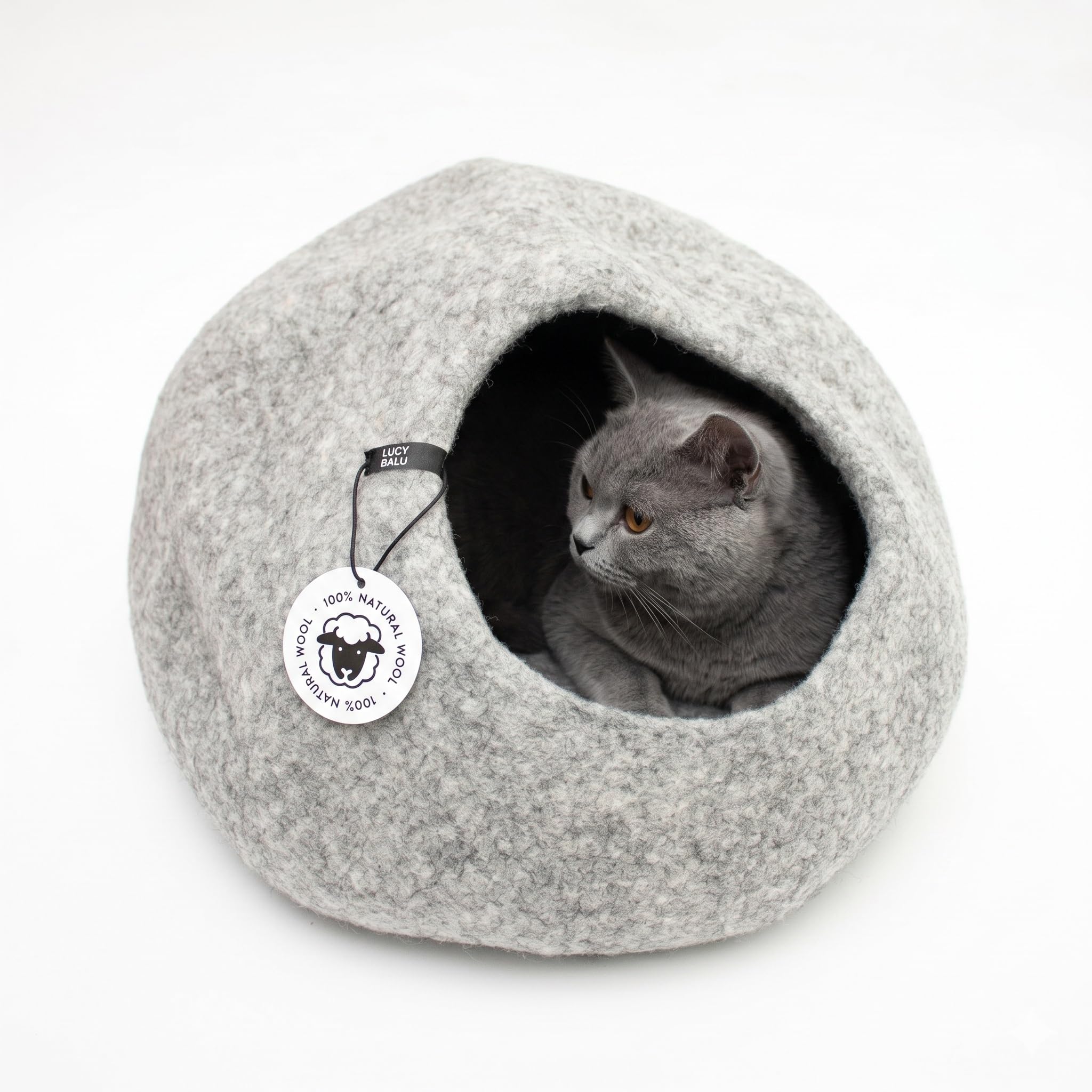LucyBalu® Pebble Filzhöhle für Katzen I Katzenbett & Kuschelhöhle aus 100% Schurwolle I handgefertigt in Nepal I Naturstein-Optik, atmungsaktiv & geruchsneutral I Ø 45 cm I Hellgrau