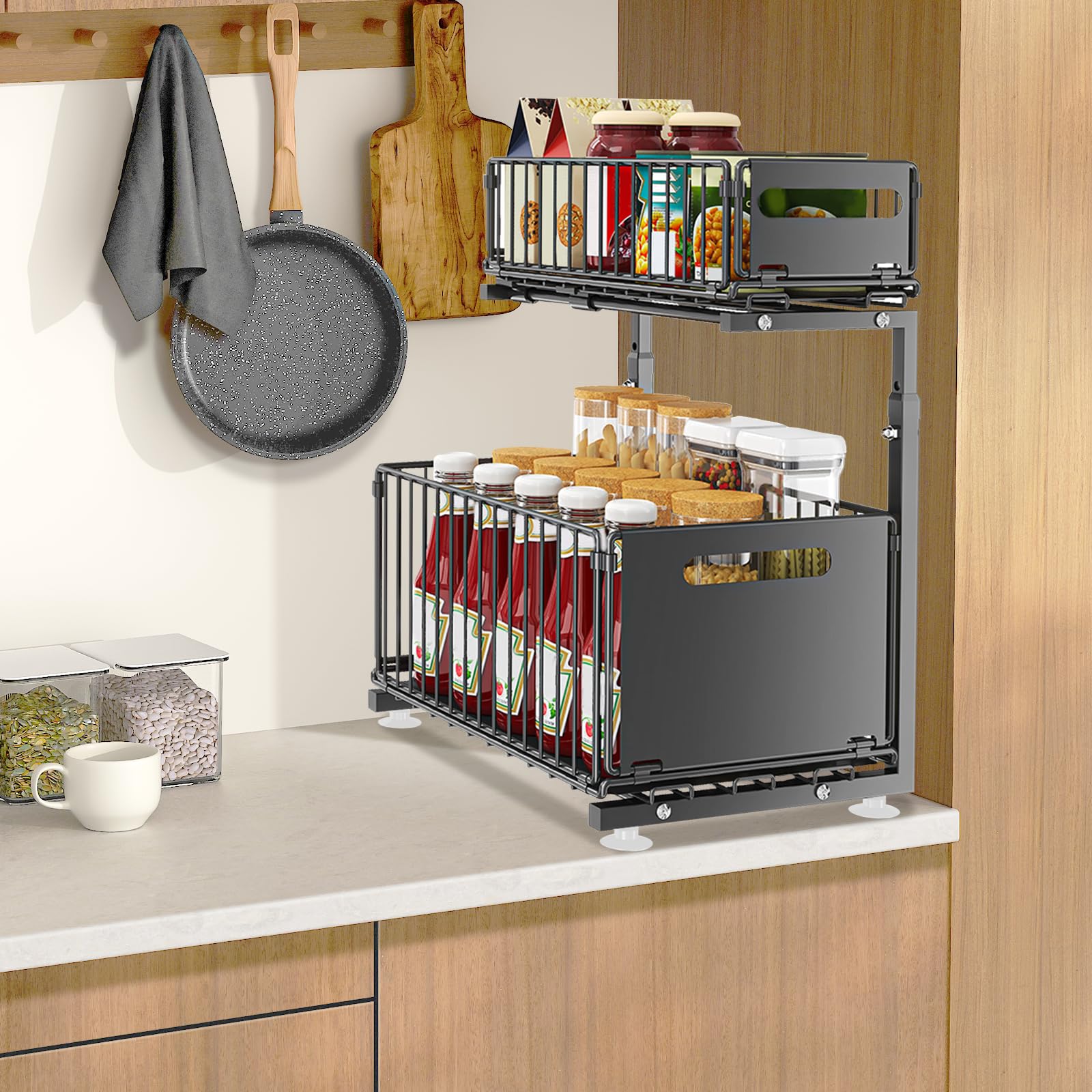Supfine - Organizador bajo fregadero de 2 niveles con cajones deslizantes, acero al carbono, altura ajustable, almacenamiento bajo fregadero, para cocina, oficina, baño (2, negro)