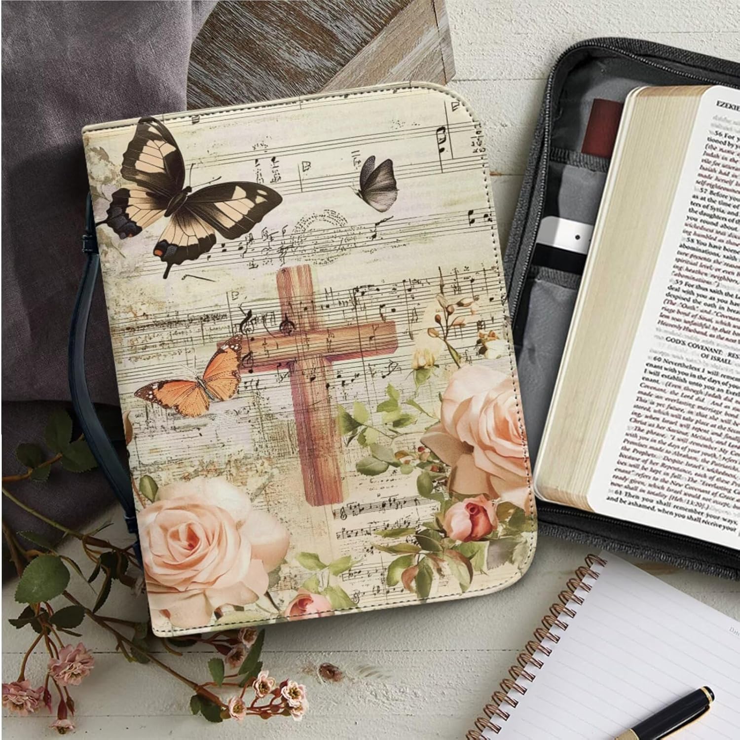 Kuiaobaty PU Leather Bible Covers with 2 PCS Bookmarks Retro Cross Rose Note Print Church Bag for Women XXL Size Portable Book Carrying Case with Zippered Pockets Christian Bag Bible Study Supplies