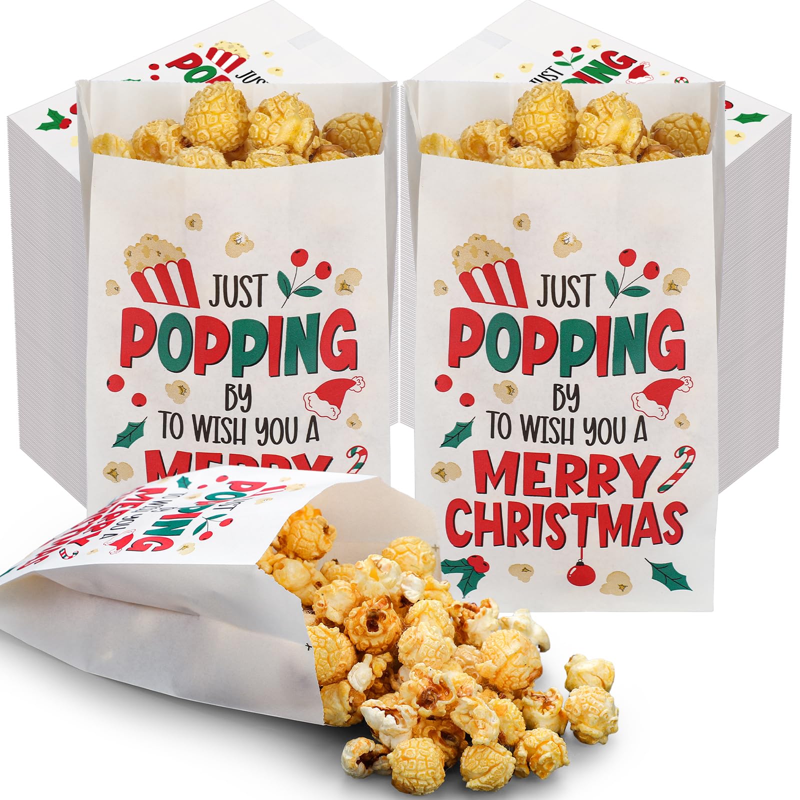 Teenyyou 200 Pcs Christmas Popcorn Paper Bags Xmas Treat Paper Bags Holiday Goodie Bag for Party Favors Supplies Family Movie Night