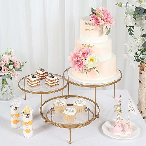 Miniatura 2 de Tableclothsfactory Soporte para cupcakes de metal dorado de 3 niveles de 23 pulgadas con platos acrílicos redondos transparentes, soporte para