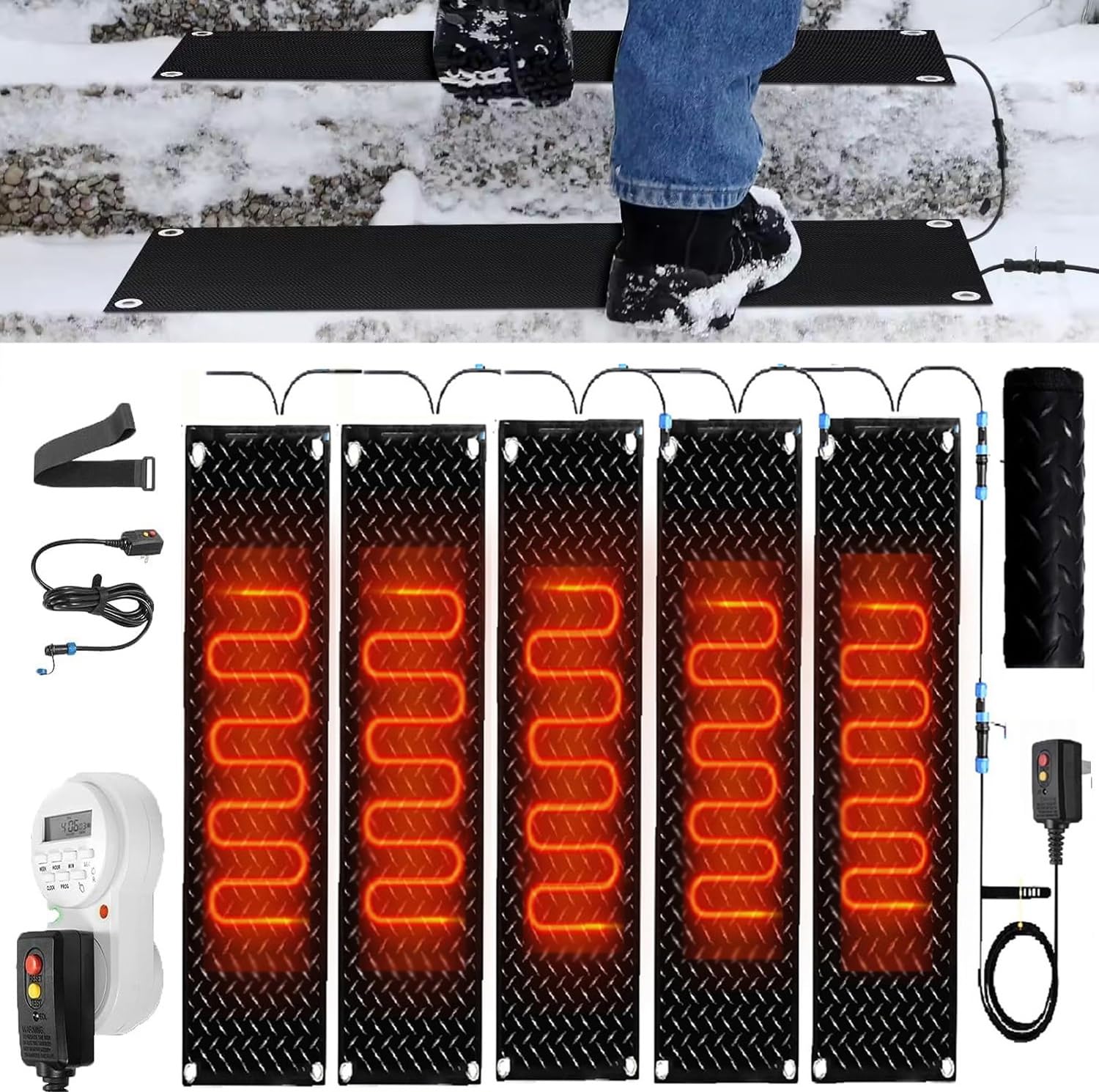 Tapis chauffants pour faire fondre la neige avec minuterie, 1/2/3/4/5 pièces pour l'extérieur, antidérapant, pour portes et trottoirs, connexion avec câble d'alimentation de 3,5 m