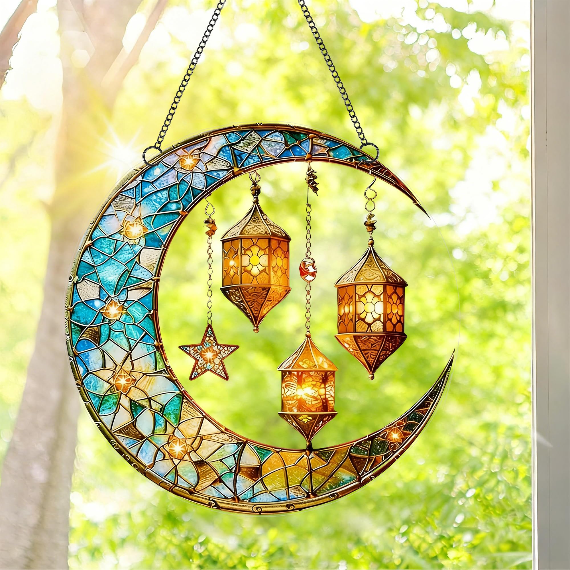 Crescent Moon & Lantern Acrylic Suncatcher with Hanging Chain, Moroccan Style Window Decor for Home, Patio, Garden, Ramadan & Housewarming，Ideal Present for Family and Friends/YX-37 — view 2
