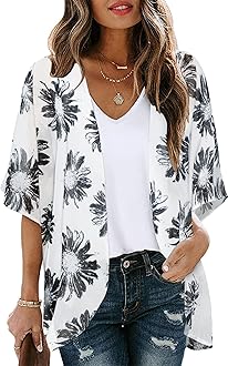 Women's Floral Print Puff Sleeve Kimono Cardigan Loose Cover Up Casual Blouse Tops