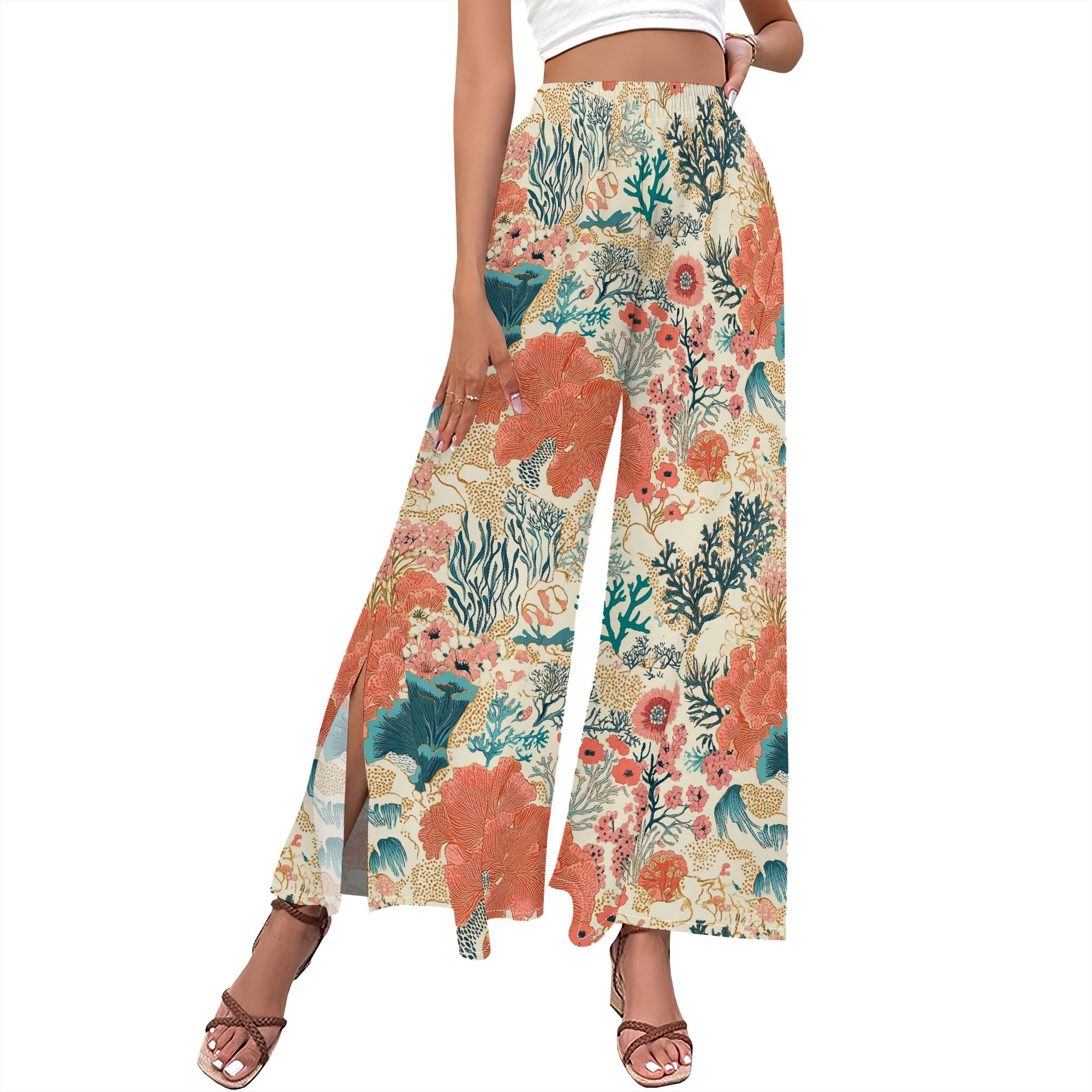 Floral Wide Leg Pants Women Elastic Waist Summer Beach Pant Side Slit Flowy Boho Trouser Tropical Lounge Baggy