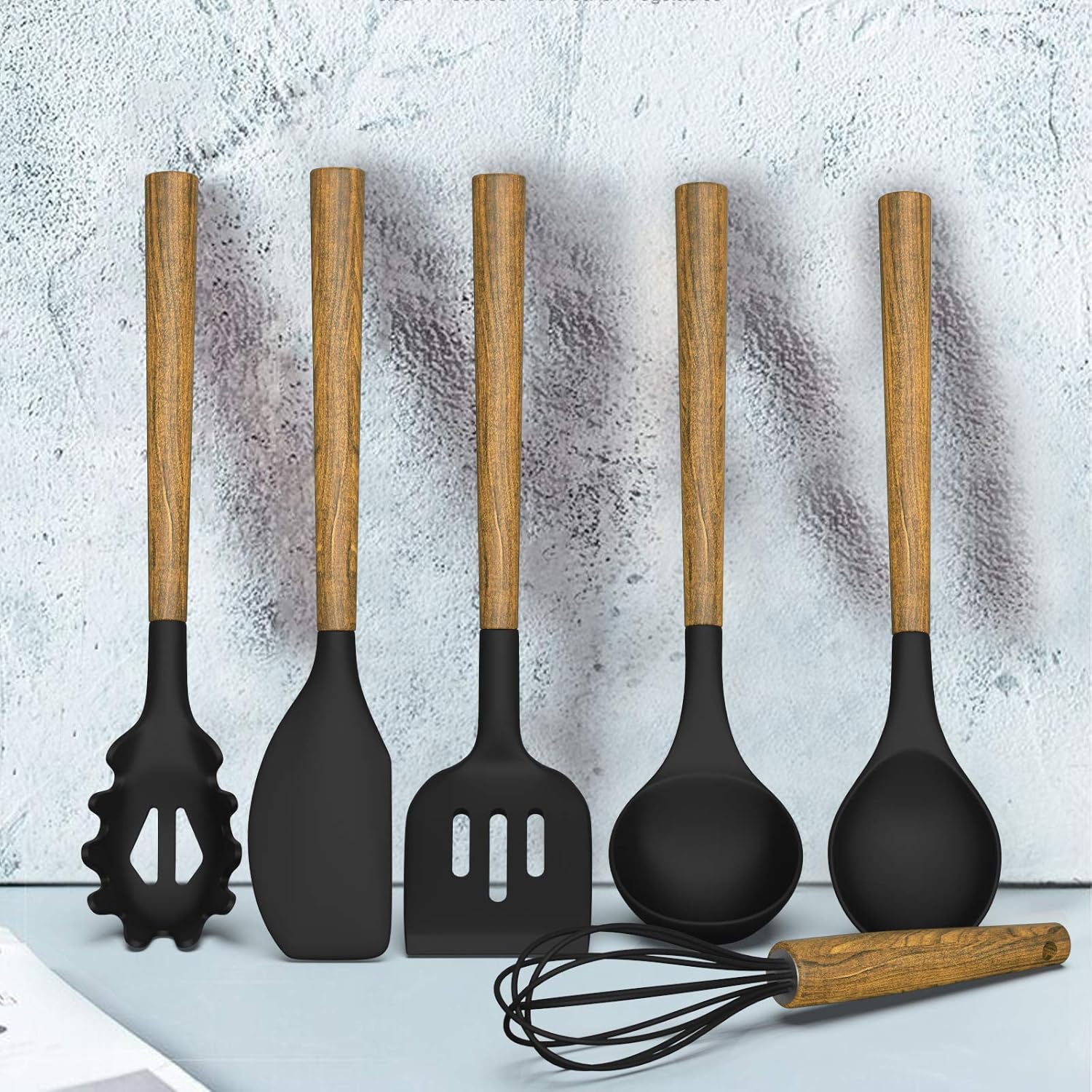 Silicone Cooking Utensil Set, Umite Chef 8-Piece Kitchen Utensils Set with Natural Acacia Wooden Handles,Food-Grade Silicone Heads-Silicone Kitchen Gadgets Set for Nonstick Cookware- Black : Home & Kitchen
