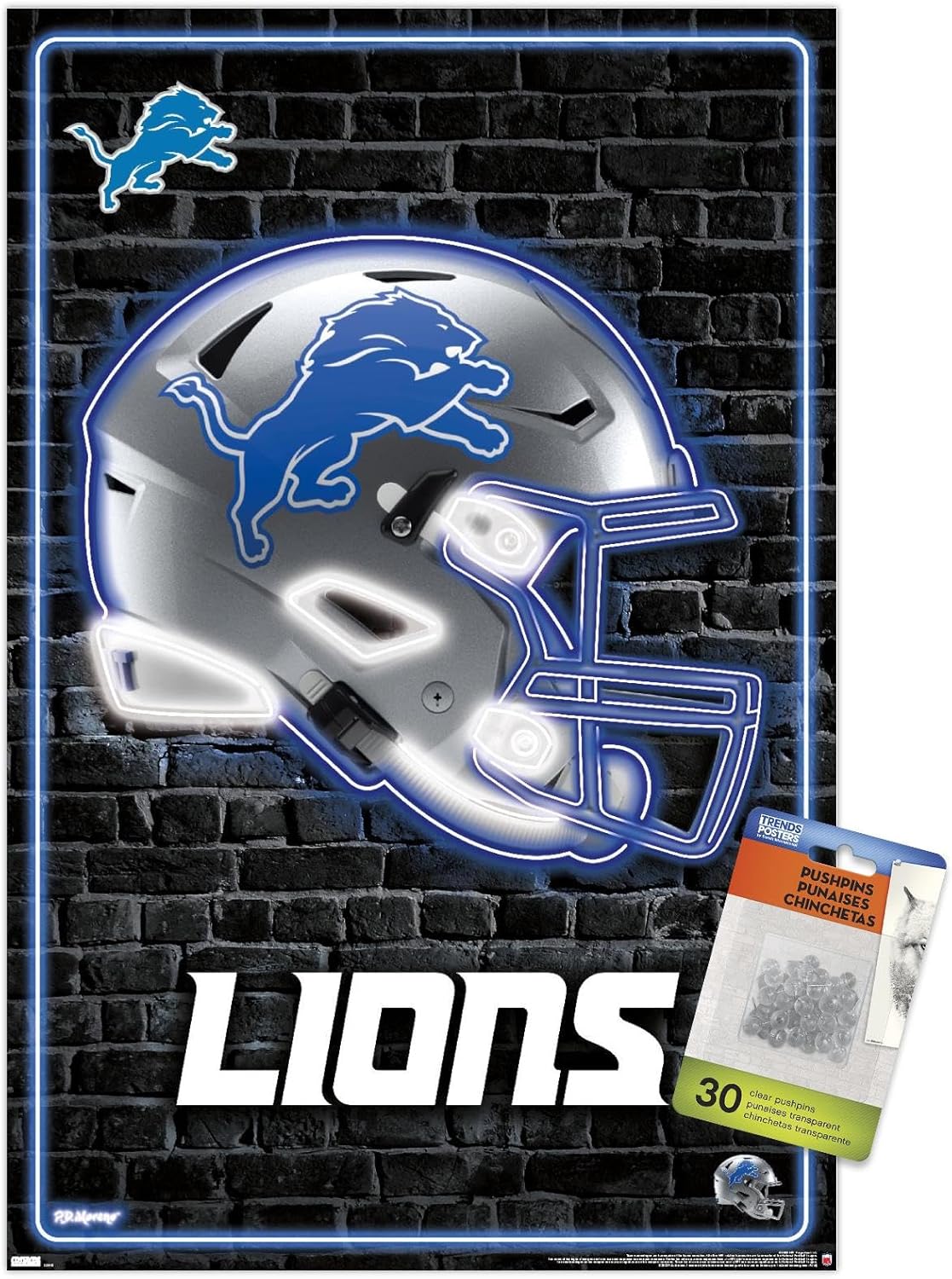 Trends International NFL Detroit Lions - Neon Helmet 23 Wall Poster, 22.37" x 34.00", Premium Poster & Push Pin Bundle