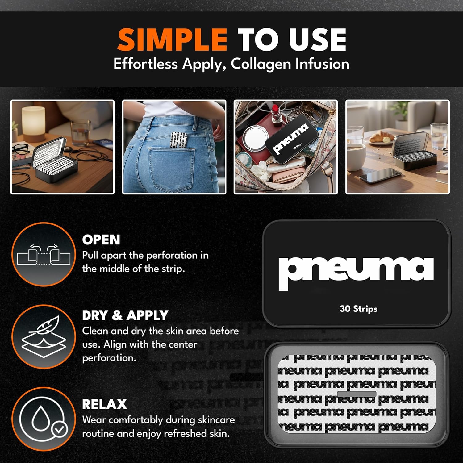 PNEUMA Collagen Infused Tape (30 Count) - Gentle Adhesive, Hypoallergenic, Latex Free & Pain Free Removal - Vegan Collagen, Vitamin E Infused - Premium Quality, Made in USA