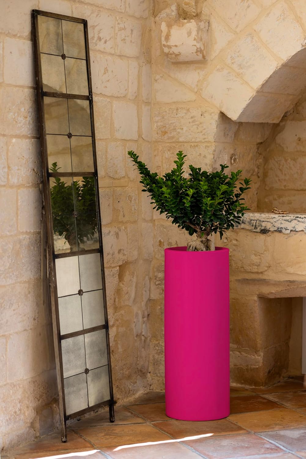 Kloris Planter Tall Cylindrical Baroque 70 Purple Fuchsia polyethylene Diameter cm 35 Height cm 70 Depth cm 26. Made in Italy