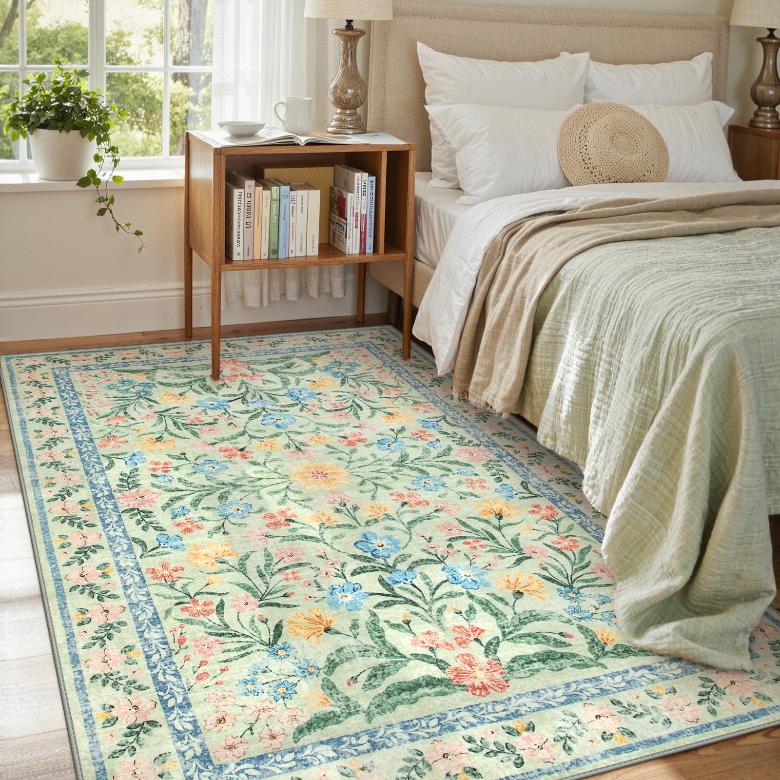 Lahome Sage Green Rug for Bedroom, 6x9 Boho Botanical Living Room Rug | Soft Faxu Wool Carpet for Nursery, Vintage Low Pile Carpets for Girls Kids Playroom, Tea Green