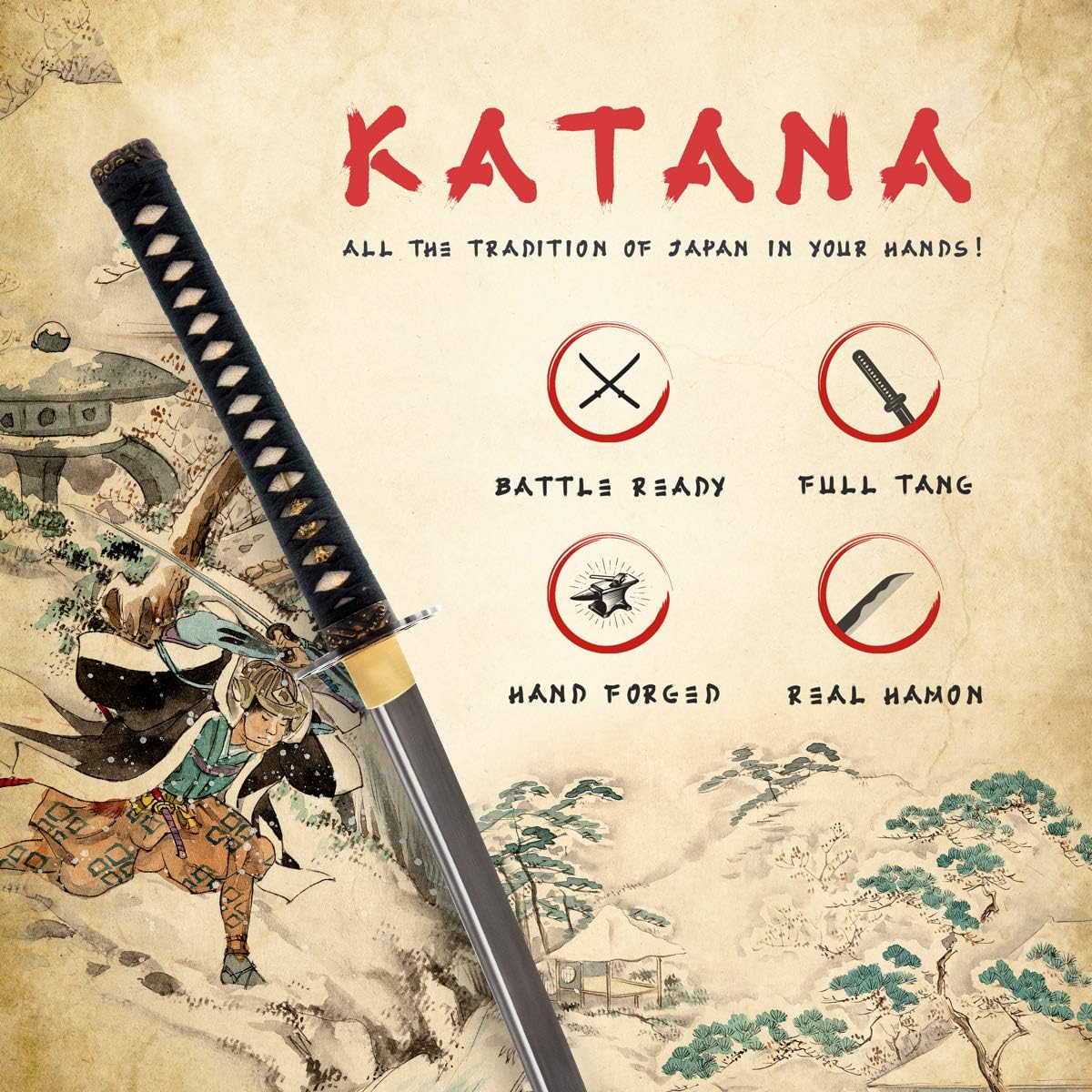 HMS The Last Samurai Sword Katana, Iron Tsuba, Fully Functional, 1045 Carbon Steel Blade Engraved with the Last Samurai Quote, Hand Forged Clay Tempered, Full Tang, Sharp