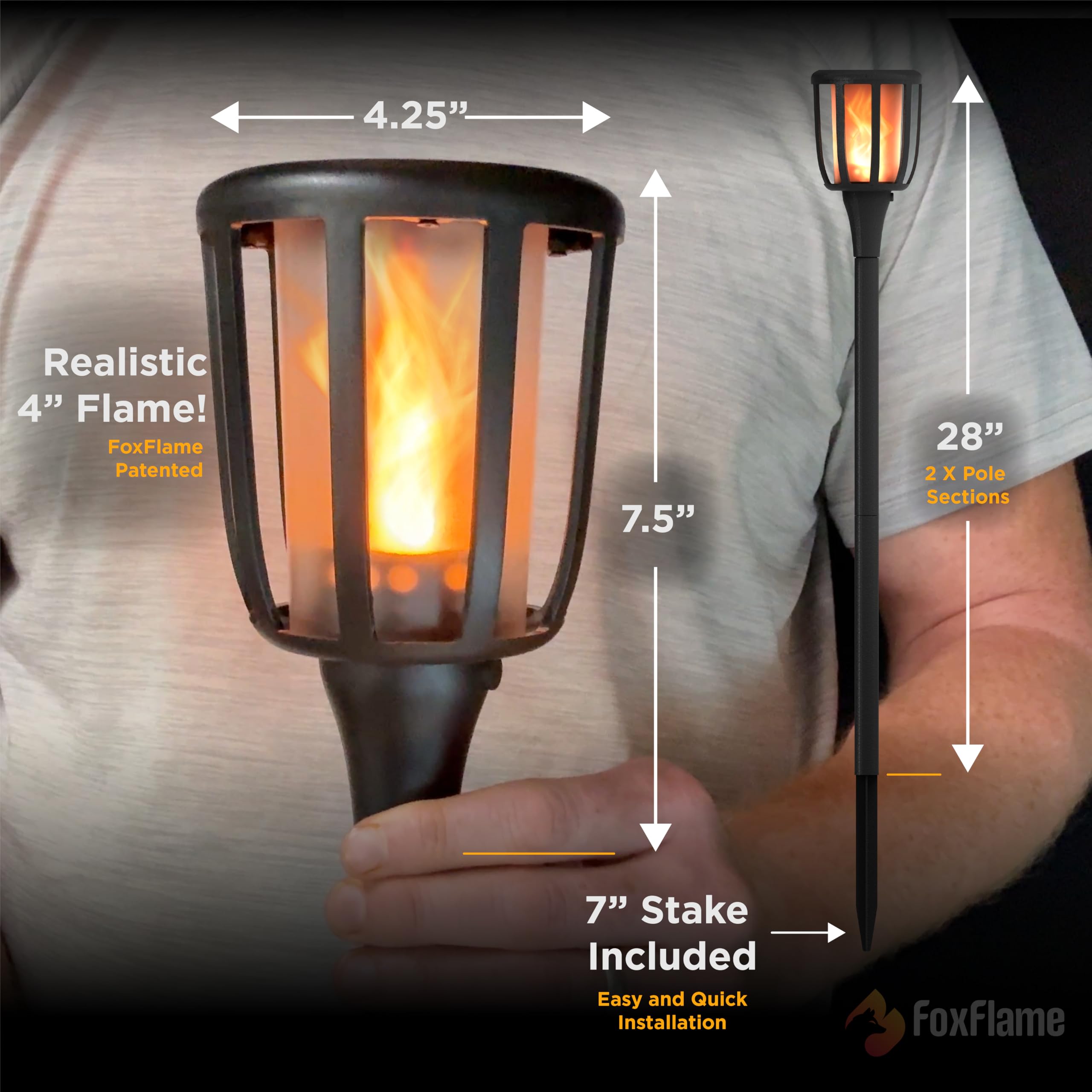 FoxFlame Rustikale Solar-Landschaftslichter, realistische flackernde Flamme, patentierte LED, verstellbare Höhe, Wegelichter, solarbetriebene Taschenlampe mit Stangen für Garten, Hof und Terrasse