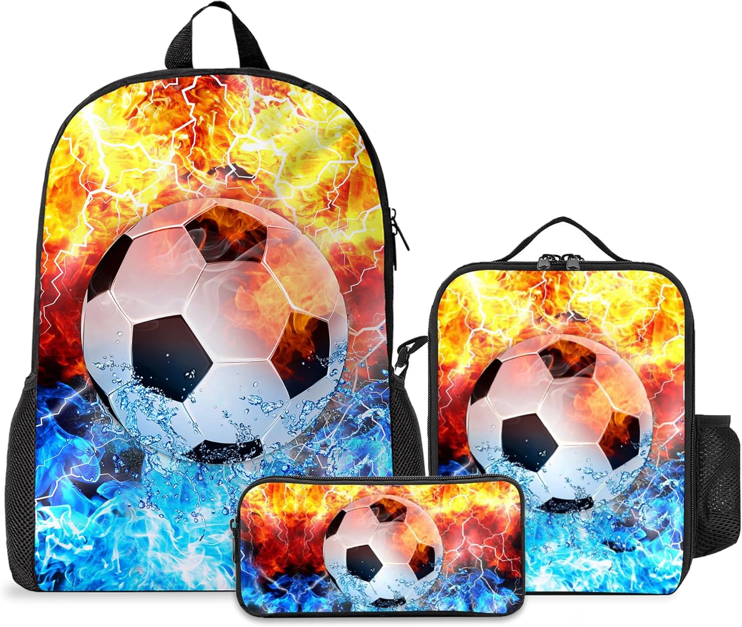 Kit Rentrée Scolaire – 3 Sacs à Dos + Boîte à Déjeuner Isotherme + Trousse – Taille Unique – Design Football