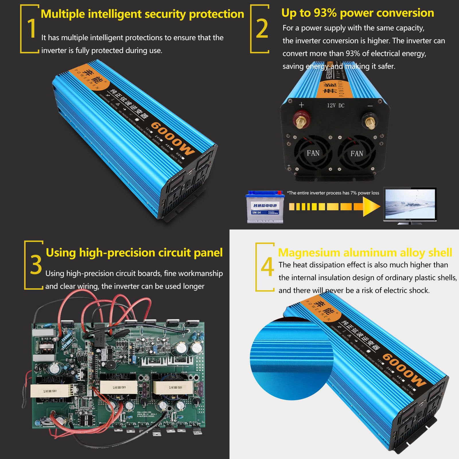 3000 W 4500 W 6000 W 8000 W Przetwornica czystej fali sinusoidalnej Przetwornice mocy prądu stałego Dc 12 V/24 V na prąd przemienny 220 V-240 V Wysokowydajny falownik,3000W-24V