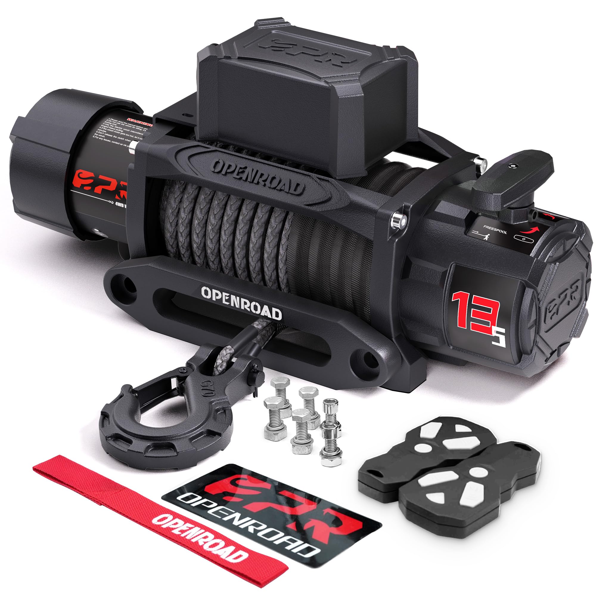openroad 13500 lb recovery winch with synthetic rope and 2 wireless remotes - ip68 waterproof 12v electric winch for jeep, suv, truck & trailer - panther series 3s