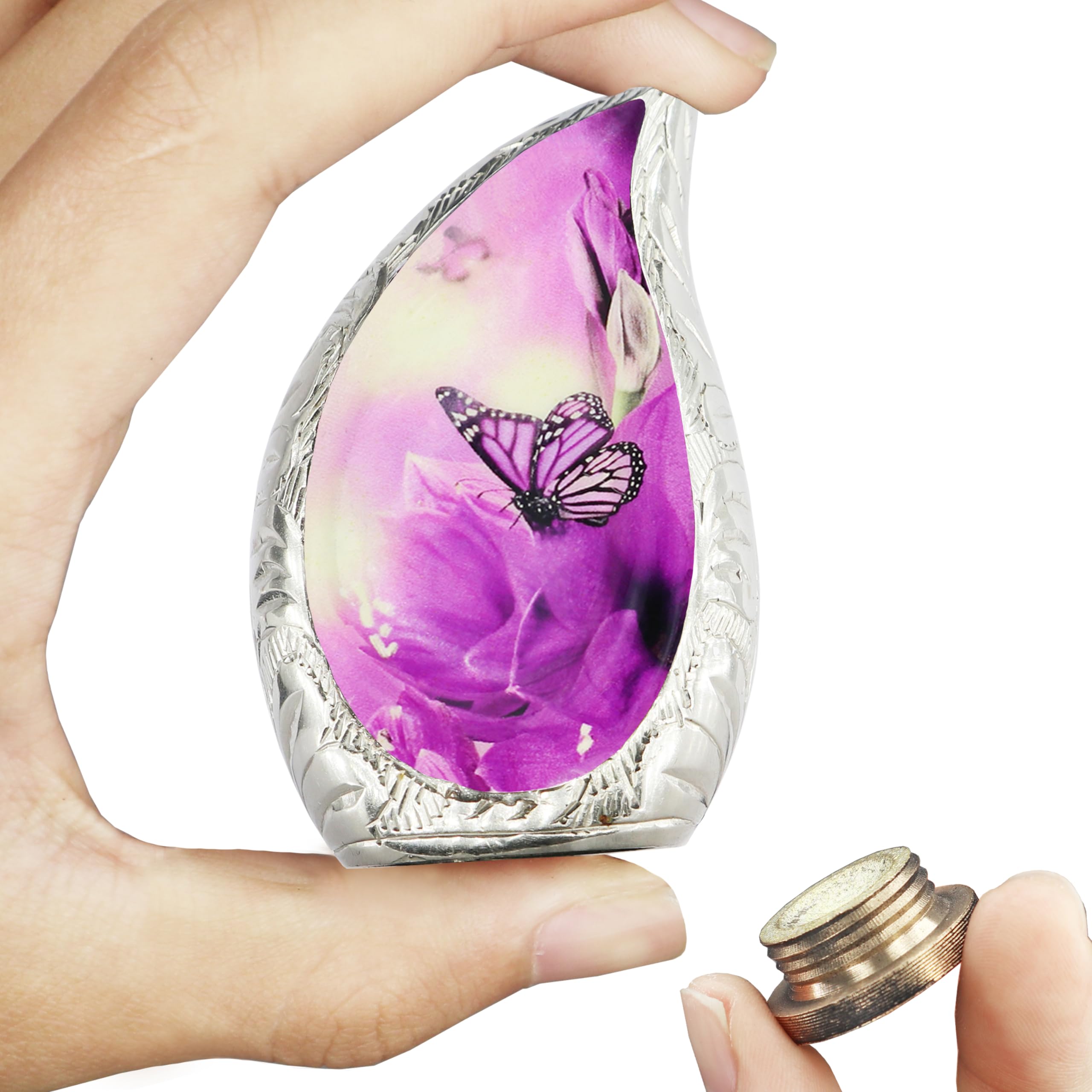 Keepsake Small Urn for Human Ashes -Mini Cremation Urns for Ashes -Fits a Small Amount of Cremated Remains -Display at Home or Office Decor (Teardrop- Butterfly & Tulip Purple -Made of Brass Engraving