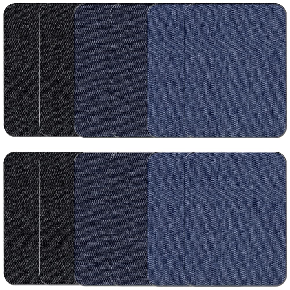 デニムパッチ 補修パッチ アイロンパッチ 長方形 約9.5cm×12.5cm 3色12枚セット ジーンズ リペア 補修布 デニム 補修シート アイロン接着 貼付パッチ 布製 衣類 服の補修に DIY 手芸 自由に切り取れる デニム ブラック ネイビー ダークブルー