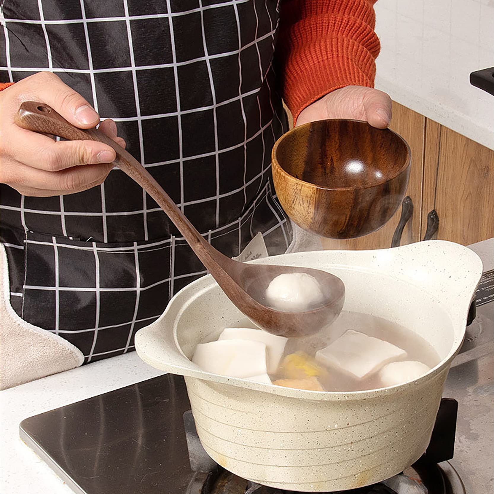 UPTALY 4 pcs Wooden Kitchen Utensils Set (C6), Natural Black Walnut Spoons, Thickened Ladle, Wood Slotted Spatula Turner, Extra Long Mixing Spoon, Scraper