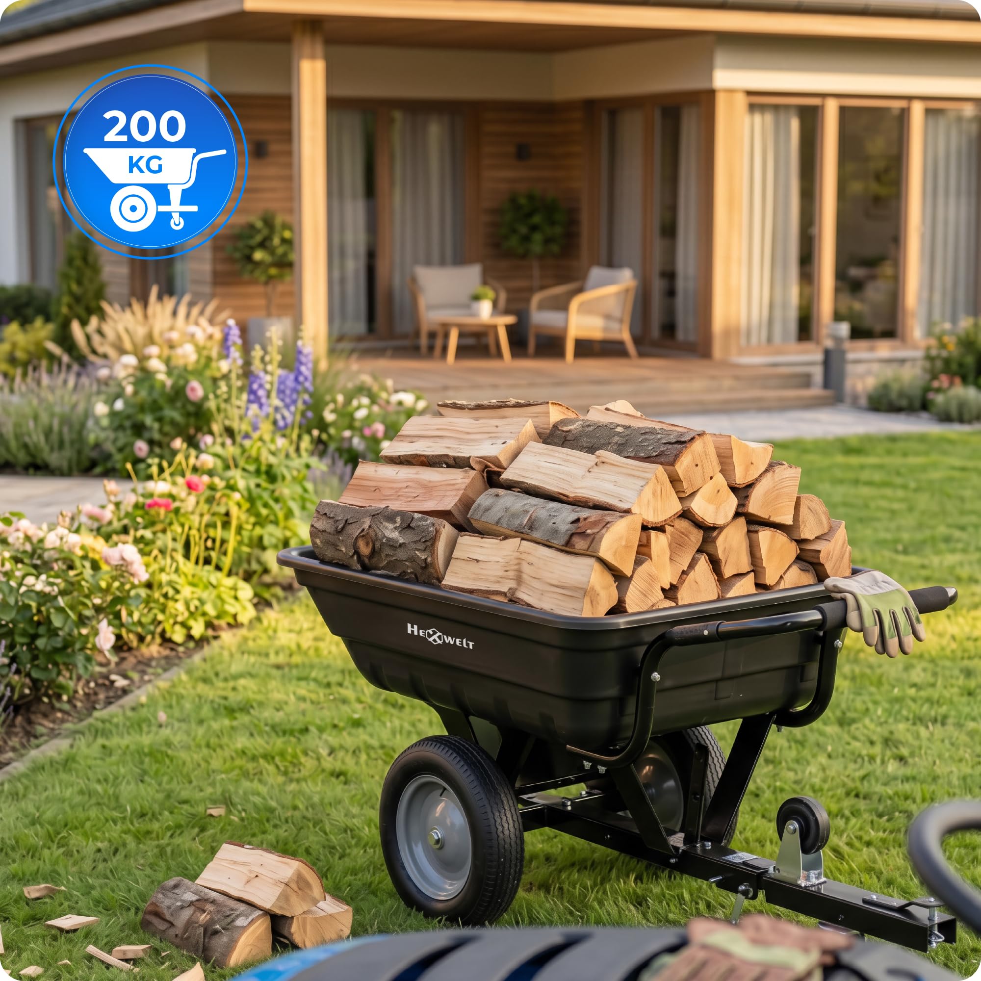 Anhänger für Rasentraktor und Quad 200 kg, Gartenanhänger mit ABS-Wanne 200 L, Transportanhänger für Holz, Erde, Laub und Gartengeräte, leichte robuste Gartenkarre, 130 x 77 x 65 cm