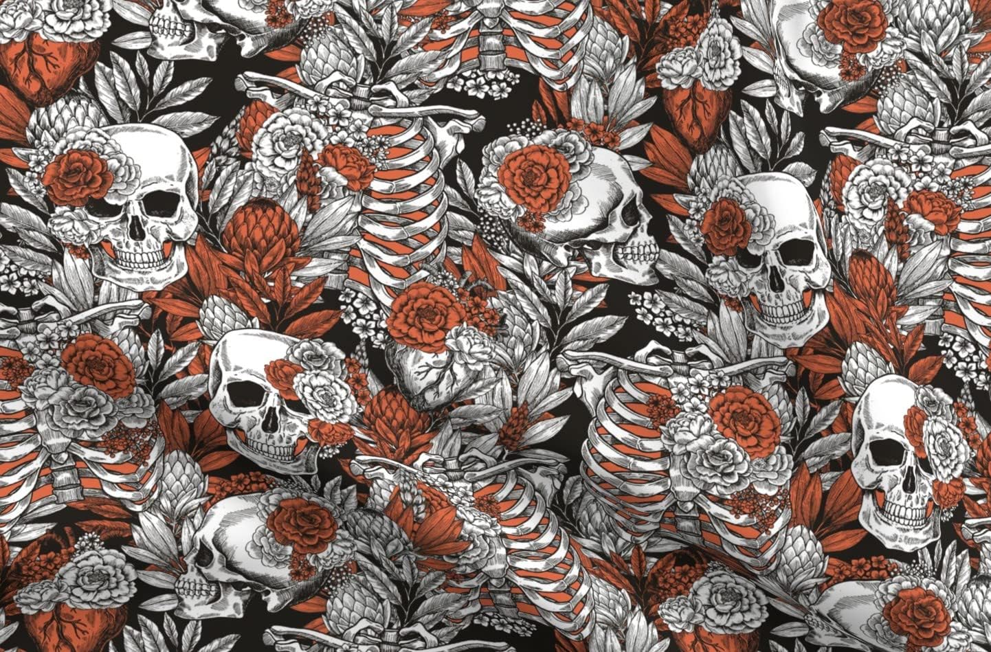 Spoonflower Fabric - Vintage Anatomy Halloween Dark Gothic Skull Medicine Flower Printed on Petal Signature Cotton Fabric Fat Quarter - Sewing Quilting Apparel Crafts Decor