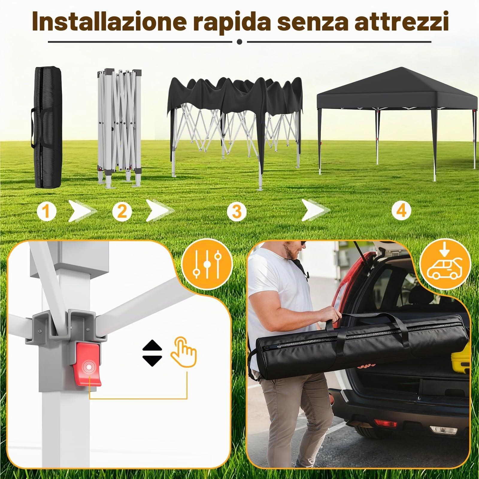 JUMMICO Gazebo Pieghevole 3x3 Piegatura e Riposizione Facili Protezione Anti-UV Altezza Regolabile Impermeabile e Stabile Ideale per Giardino, Campeggio, Feste e Altro Ancora Grigio