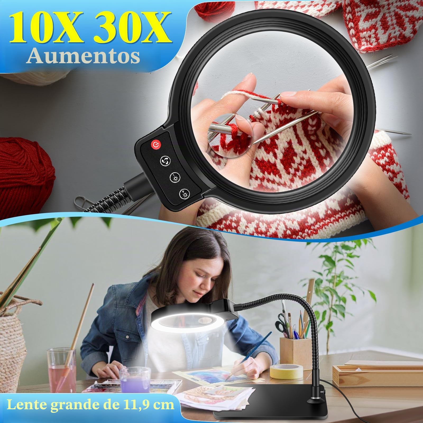 NZQXJXZ 10x Lupa con Luz y Soporte, Lampara Lupa con 72 LED, 3 Temperaturas de Color y 10 Niveles de Ajuste de Brillo para Aficiones, Lectura, Joyería, Trabajo de Cerca