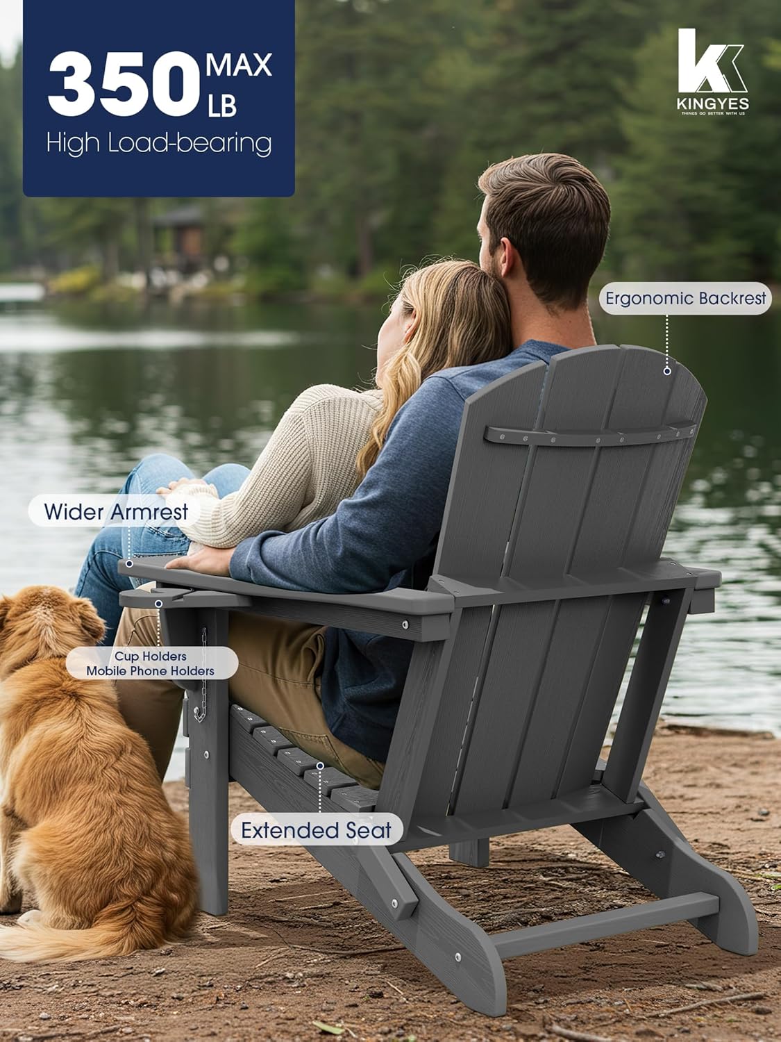 KINGYES Folding Adirondack Chair with Dual Cup Holders - HDPE All-Weather Outdoor Chairs, Wood-Like Patio Chair for Backyard, Camping, Pool & Fire Pit, Grey