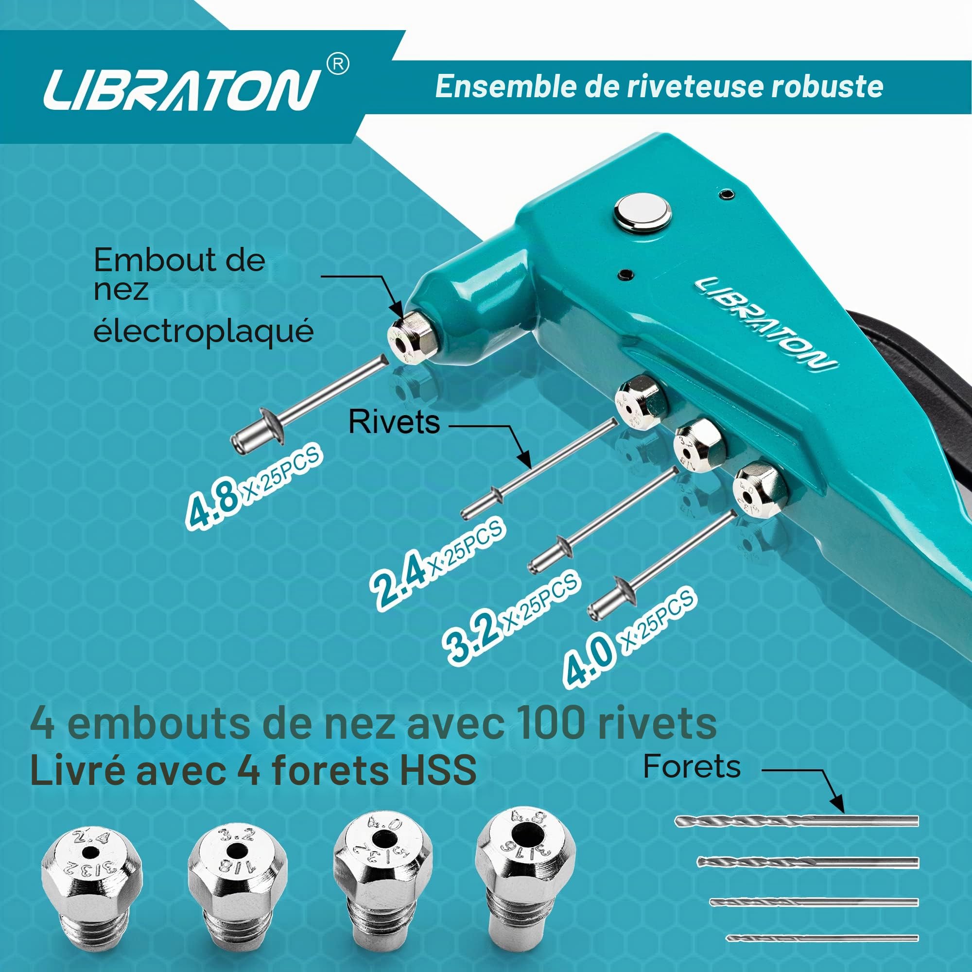 Libraton Pince à rivets aveugles, Riveteuses pour rivets aluminium et acier, Kit professionnelle de pinces à riveter robuste, Pince de rivetage avec 100 rivets et 4 perceuses de HSS