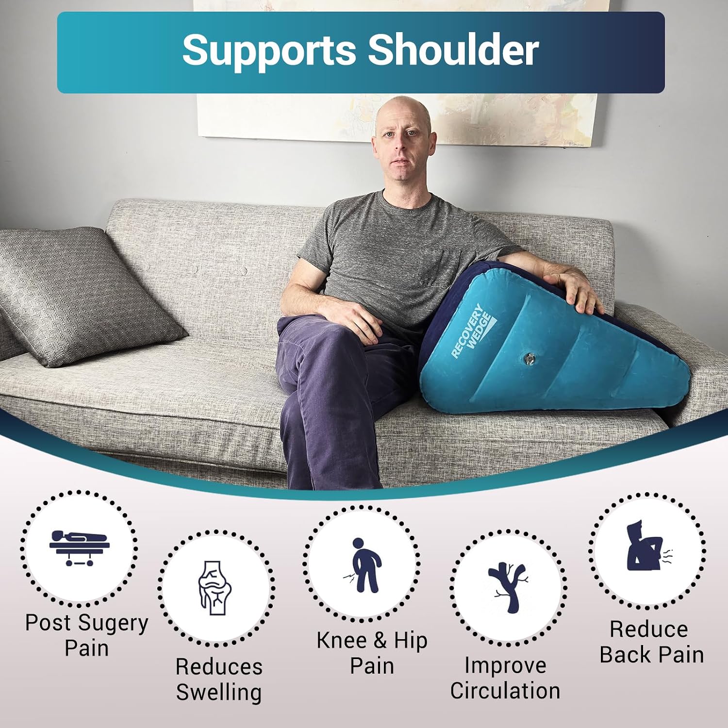 Leg Elevation Pillow by Recovery Wedge, Inflatable Wedge Pillow for Sleeping and Post-Surgical, Improve Circulation and Reduce Swelling, Speed Injury Recovery. (Large triangle)