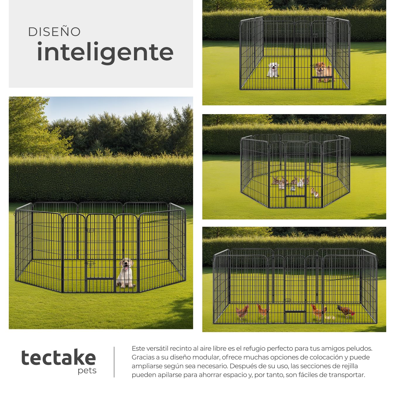 tectake® Parque para Perros y Conejos, Puerta Seguridad para Niños y Mascotas, Valla Metálica, Jaula Perro Grande, Barrera de Seguridad Plegable, Parque Perros y Conejos, Doble Cierre - 100 cm Alto