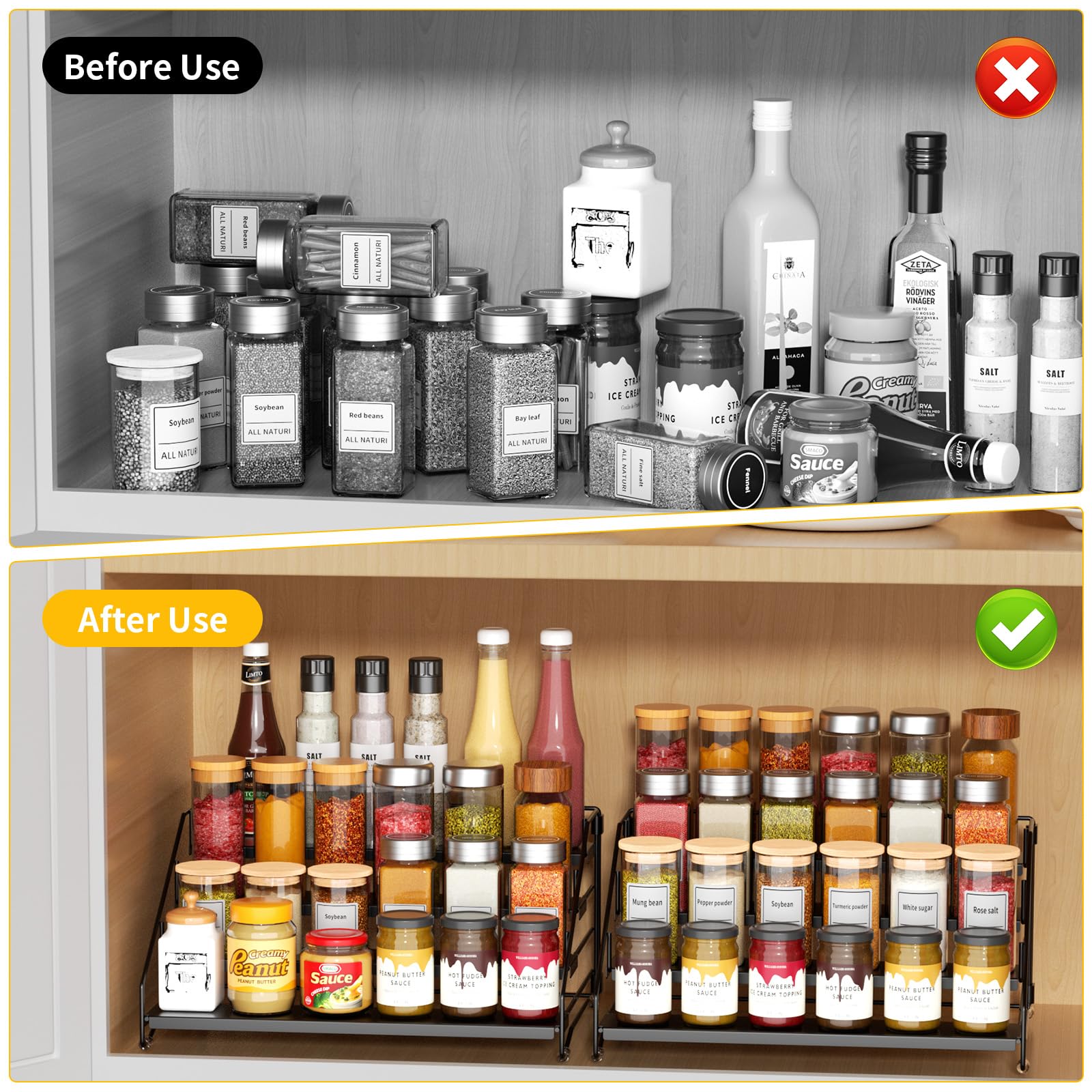 RCHYFEED Lot de 2 étagères à épices pour placard, garde-manger, étagère à épices à 4 niveaux, organisation facile à visibilité, étagère extensible pour assaisonnement pour armoire (noir, lot de 2)