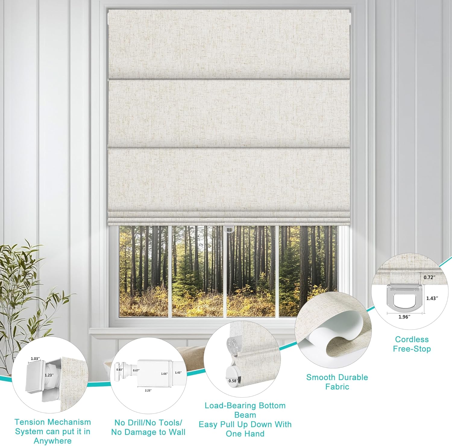 BERISSA No Drill Cordless Roman Shades for Window, Blackout Roman Blinds Room Darkening Pull Down Blinds Easy Install Linen Roman Window Shades for Door,Windows,Bedroom,Custom Size, Linen Beige