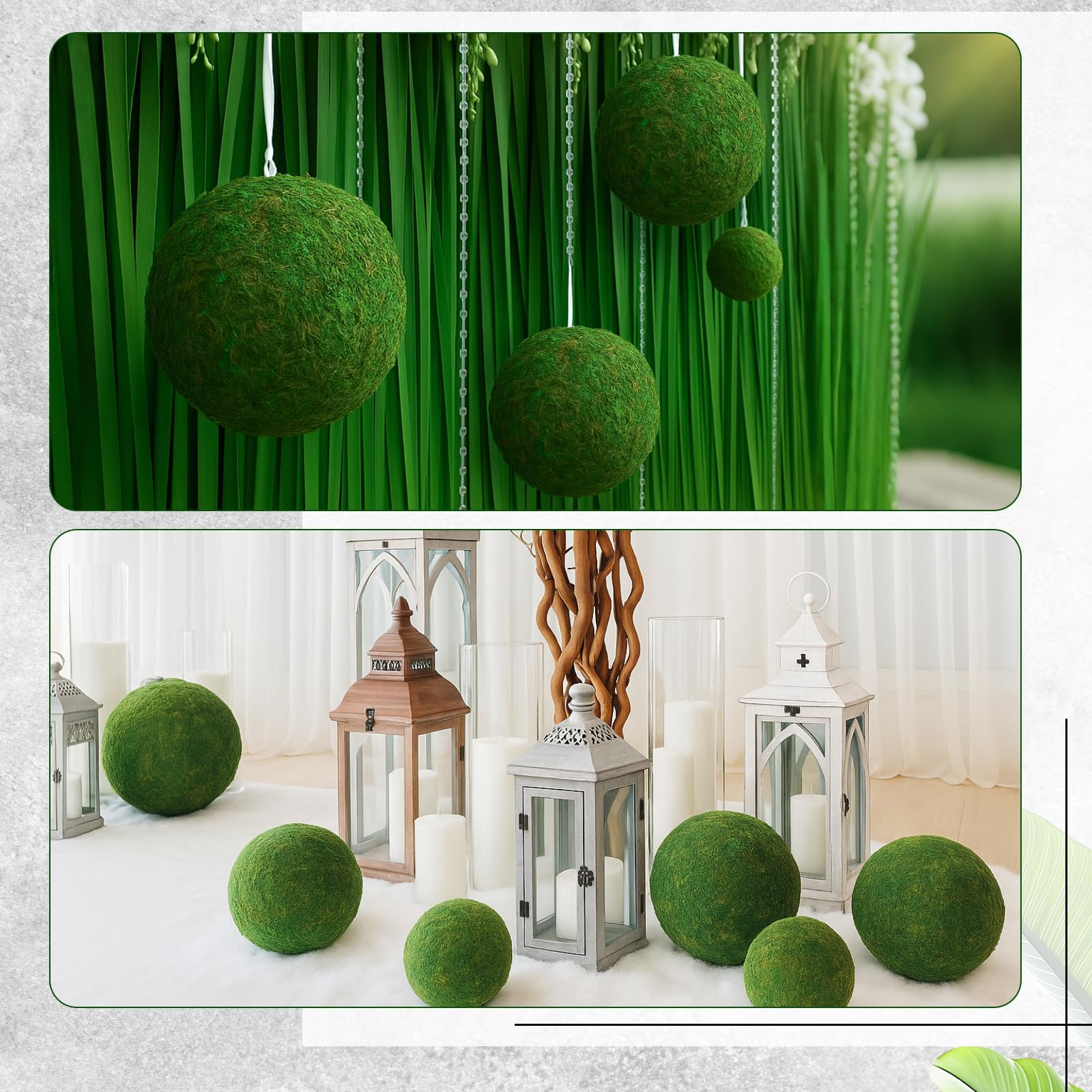 4 palline di muschio verde artificiali, ideali per primavera, casa, matrimonio, giardino, fattoria, autunno, centrotavola, decorazione per interni ed esterni (20 cm, 15 cm)