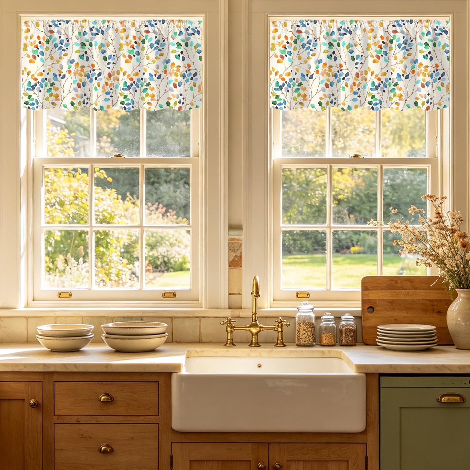 Boho Floral Kitchen Valance, Colorful Topper Curtain, 52 x 18 Inch