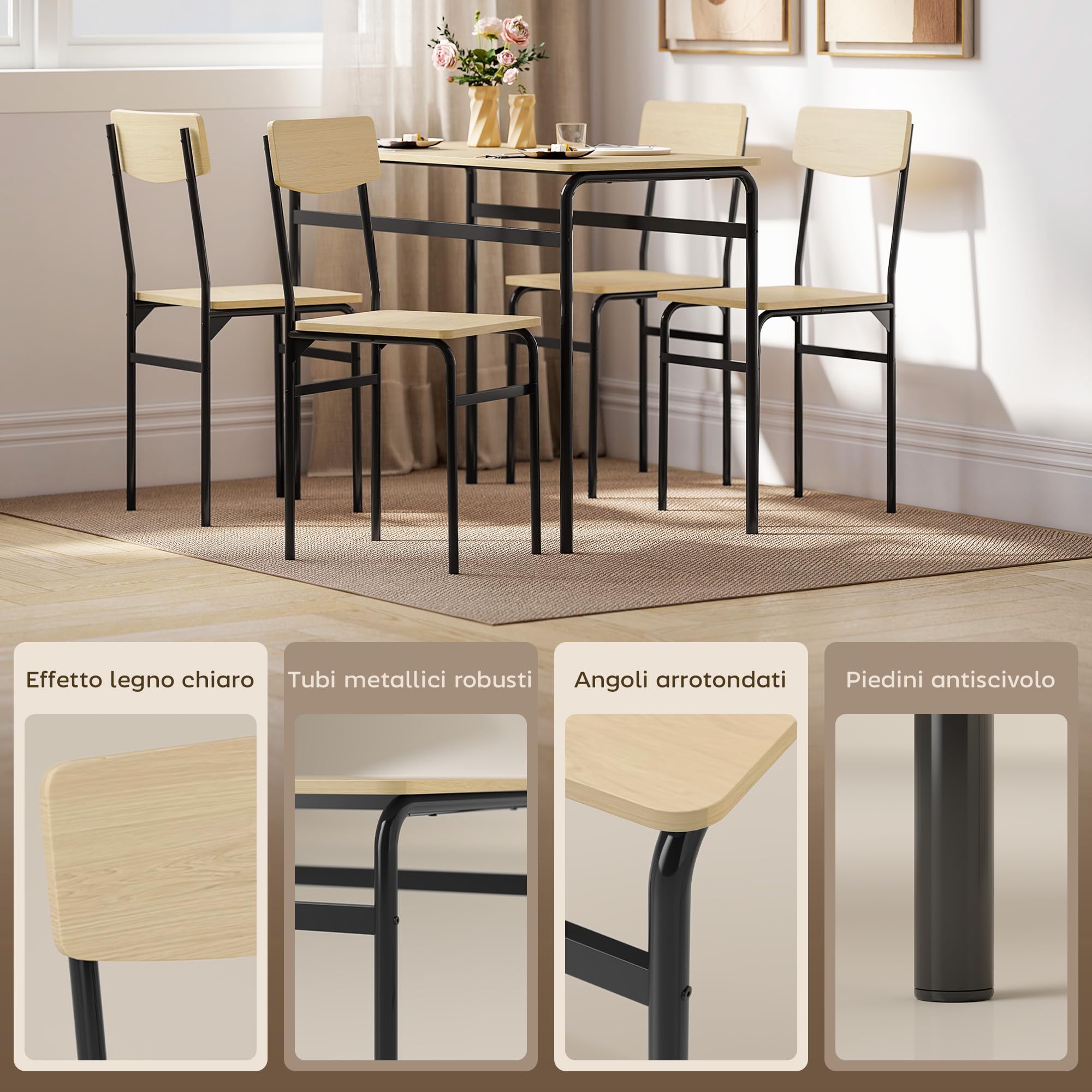 HOMCOM Set Tavolo e Sedie Sala da Pranzo 5 Pezzi, Tavolo da Pranzo Rettangolare e 4 Sedie in Legno e Metallo, Salvaspazio, Design Industriale, per Soggiorno Salotto Cucina, Nero e Color Legno