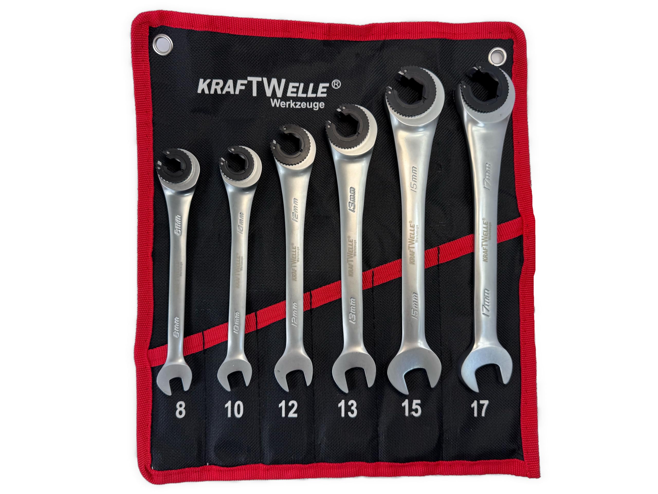 Kraftwelle 6-częściowy zestaw kluczy grzechotkowych z otwartą głowicą do przewodów hamulcowych i hydraulicznych/węży/szerokości klucza 8-17 mm z grzechotką, klucz hydrauliczny, klucz do przewodów
