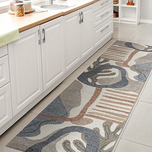 JONATHAN Y Alfombra de pasillo lavable a máquina color crema/multi, abstracto de algas, glamuroso y botánico, 2X8 pies, para sala de estar,