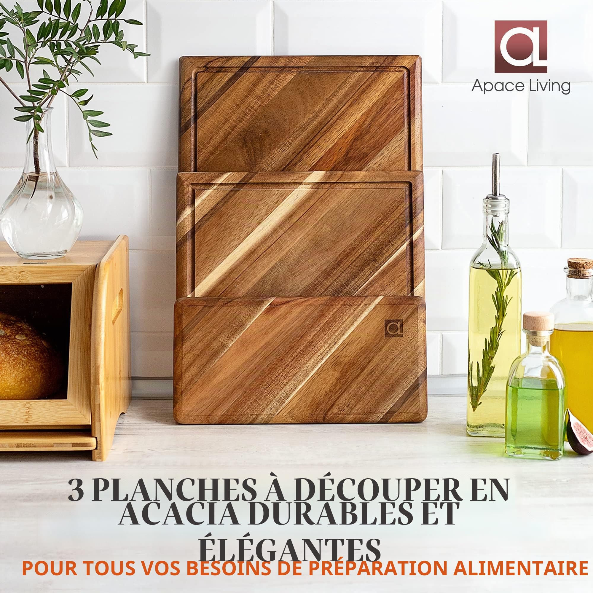 Ensemble de planches à découper Chorus en bois avec rainure à liquides (3 pièces) - Planches de cuisine en acacia, pour découper la viande, les légumes, le fromage - 100% bois naturel