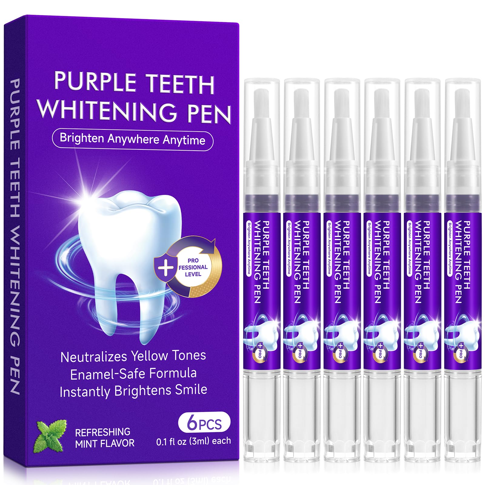 Teeth Whitening Pen(6 Pens), Purple Teeth Whitening Gel Essence, Stain Removal, Effective Tooth Whitener Pen Kit for Neutralizes Yellow Tones, Enamel-Safe Formula
