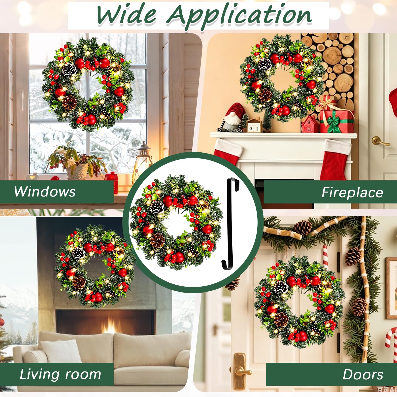Couronnes De Noël, 40CM Couronne Porte Noel Artificielles pour Porte Ornée De 30 LED Couronne De L'avent DéCoration Murale Cheminée pour Les Fêtes De Noël Et Les Réceptions à La Maison
